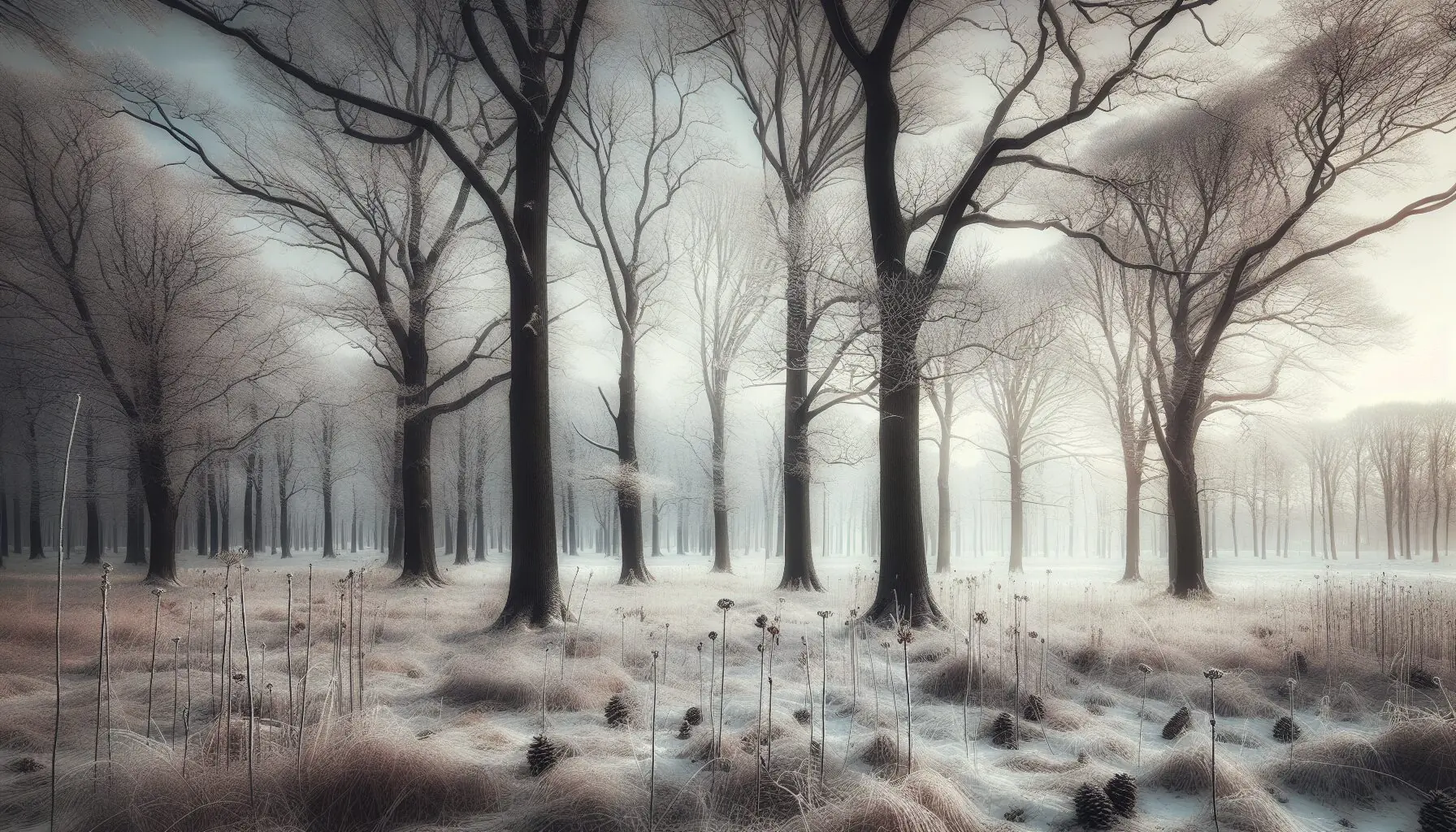 Generate an image of a snowy park with bare tree branches and scattered pinecones on the ground.