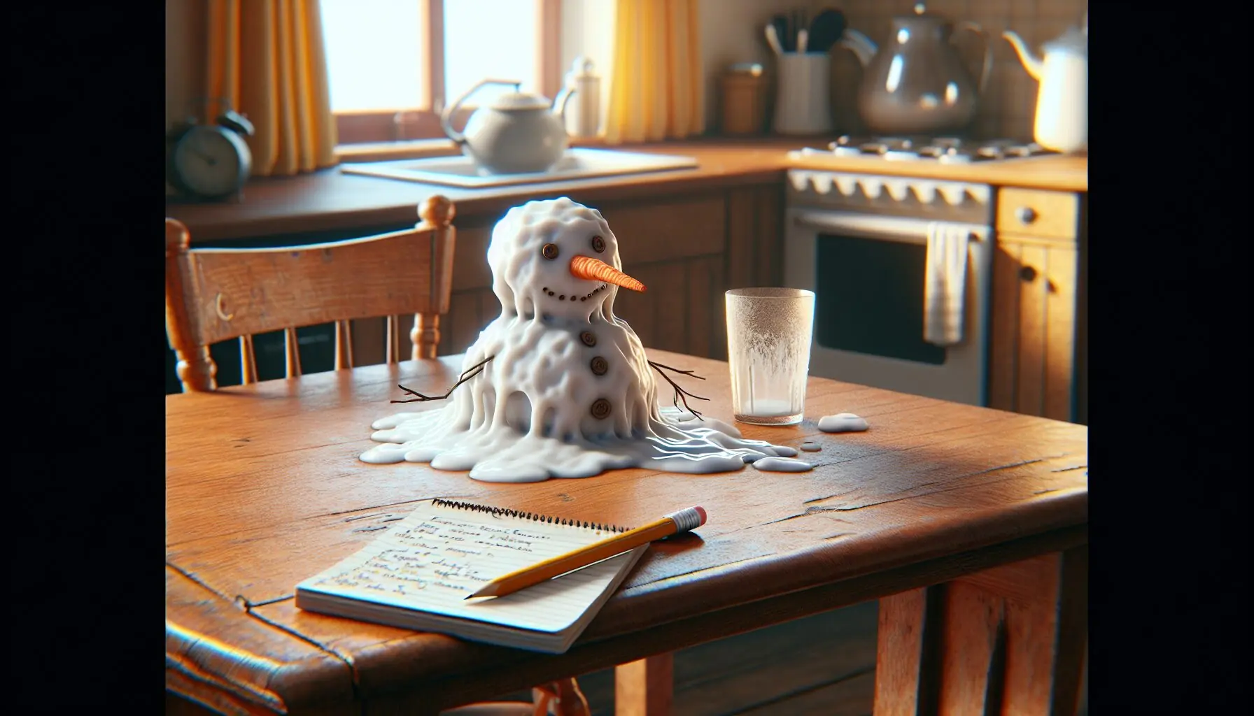 Generate an image of a melting snowman surrounded by a notepad and pencil, symbolizing discovery and notes.