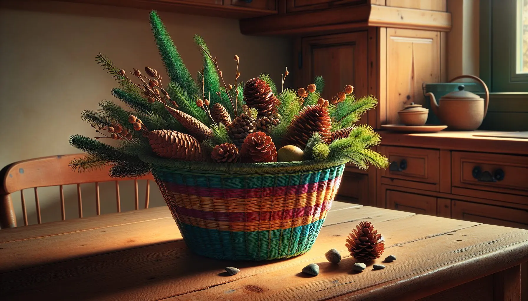 Generate an image of a colorful woven basket filled with pinecones, evergreen sprigs, and small rocks.