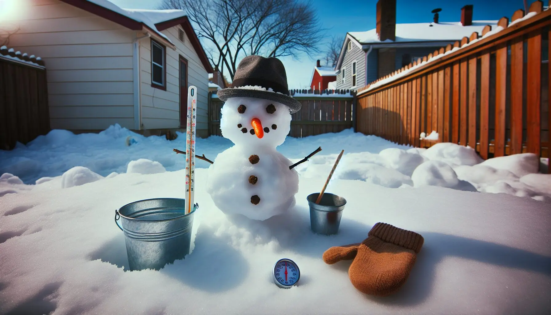 Generate an image of a snowy backyard with a small snowman ready for an experiment.