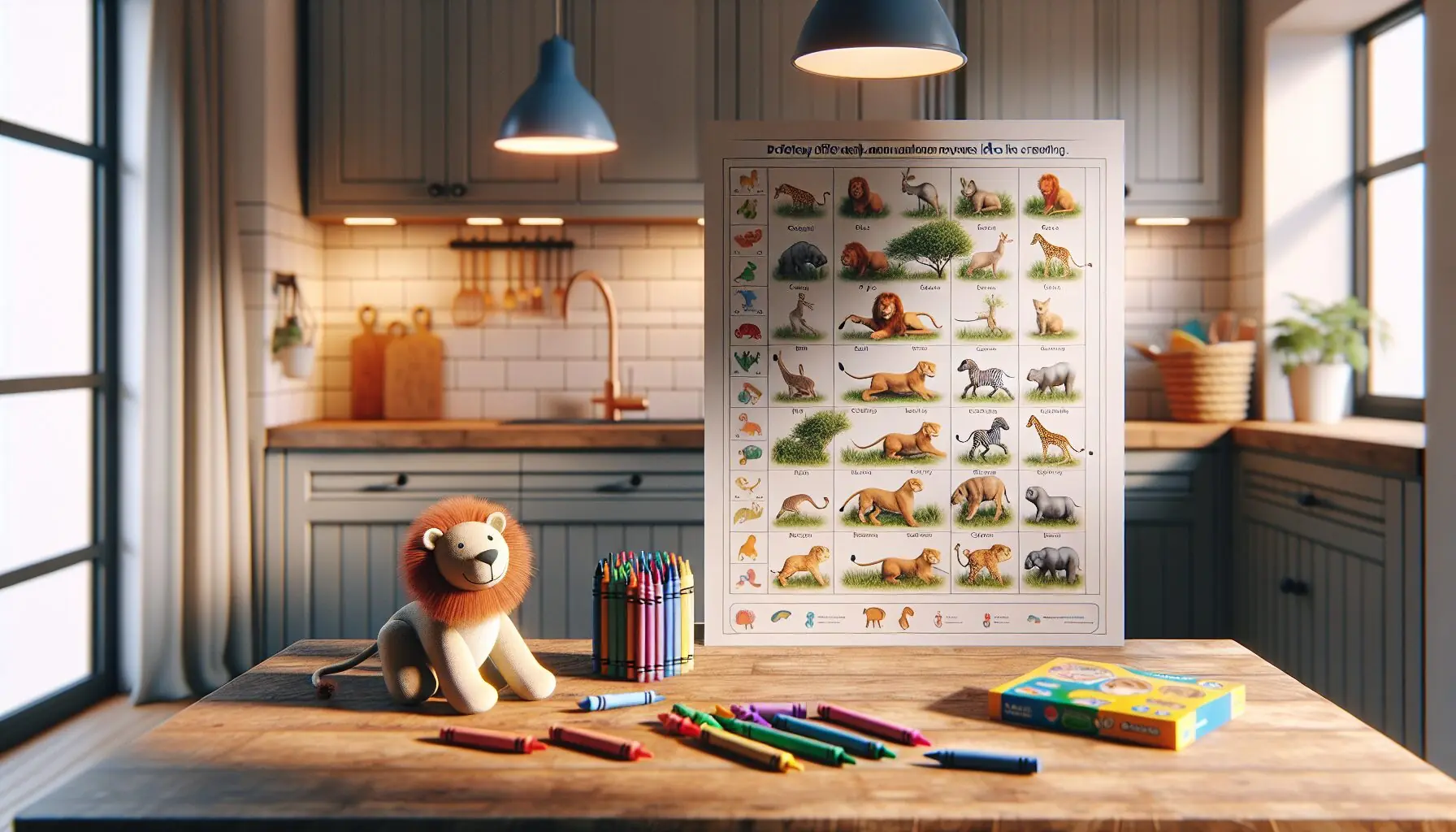 Generate an image of a simple activity chart showing animal movements like hopping and crawling in playful patterns.