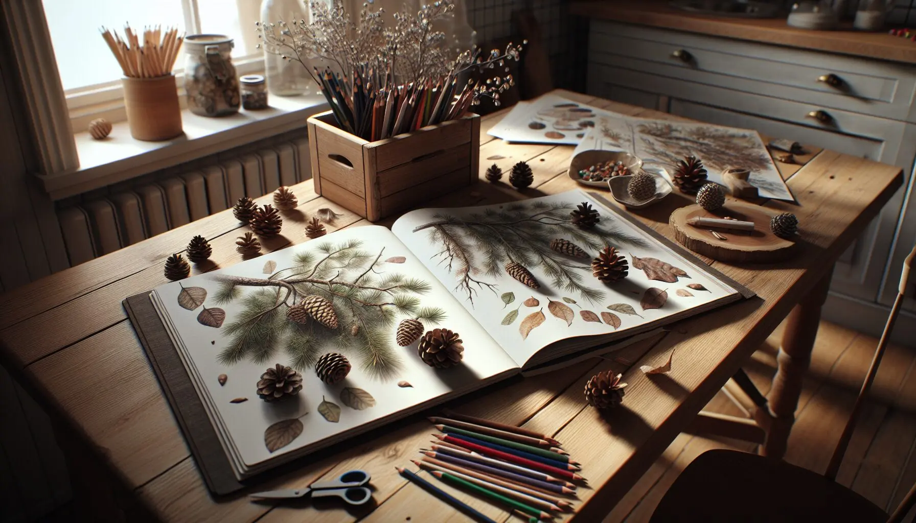 Generate an image of a child's simple, nature-inspired scrapbook featuring drawings of pinecones and branches.