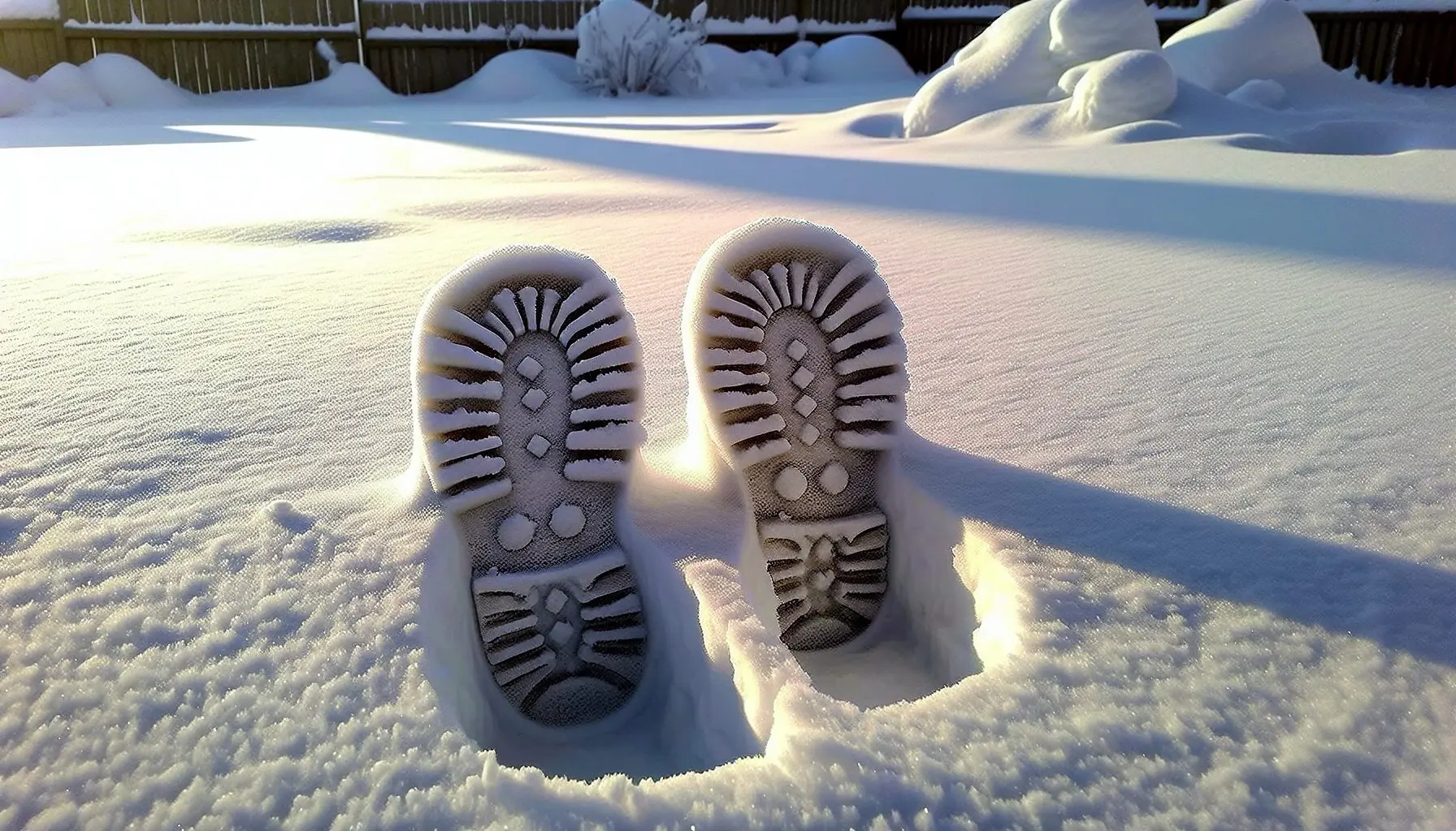 Generate an image of a sturdy pair of child-sized boots making a print in the freshly fallen snow.