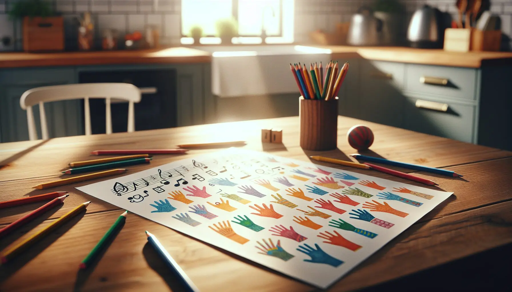 Generate an image of a sheet with solfège hand signs drawn simply and colorfully.