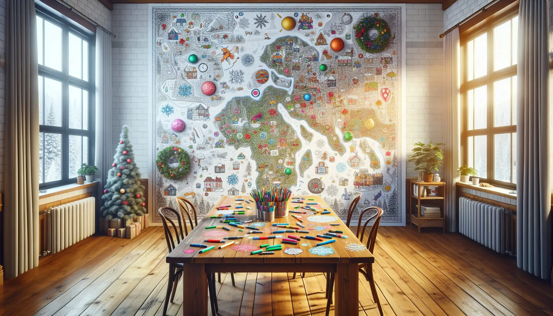 Generate an image of a large sheet of paper with colorful markers and stickers scattered around, showcasing a playful winter-themed map drawn on it.
