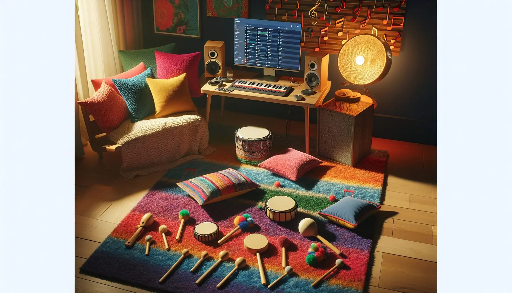 Generate an image of a cozy room with colorful cushions and musical note decorations, with a laptop displaying global music playlists.