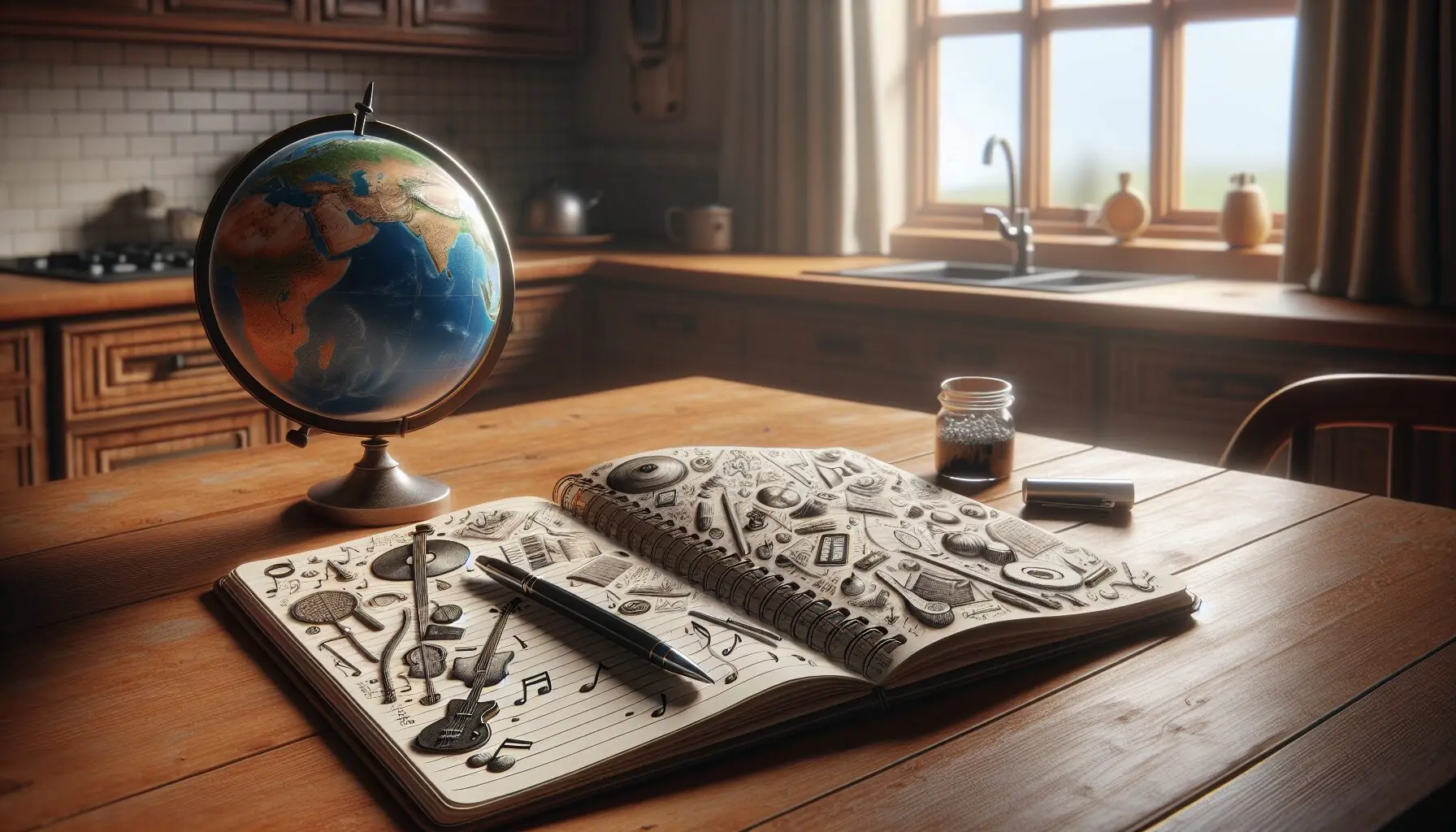 Generate an image of a notebook with doodles of musical instruments, notes, and a globe, symbolizing shared experiences and new discoveries.