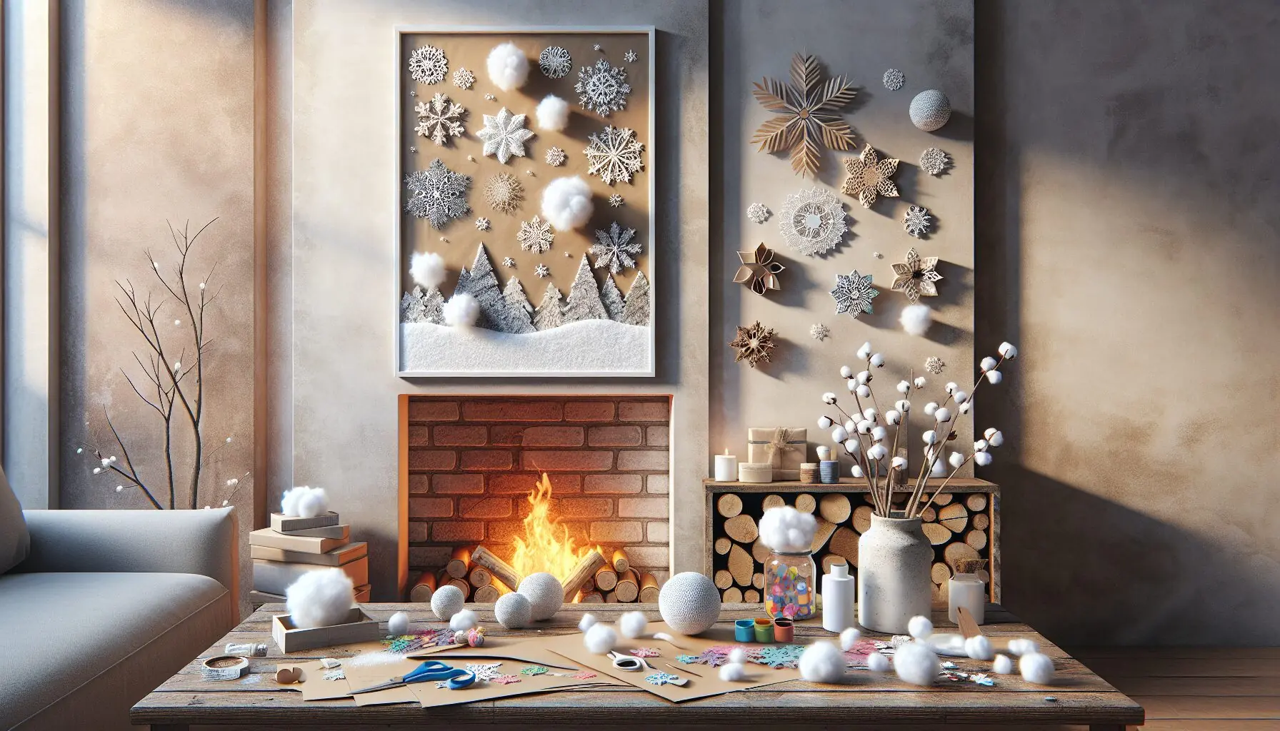 Generate an image of a bright winter-themed art piece hanging on a wall, with a cozy fireplace nearby.
