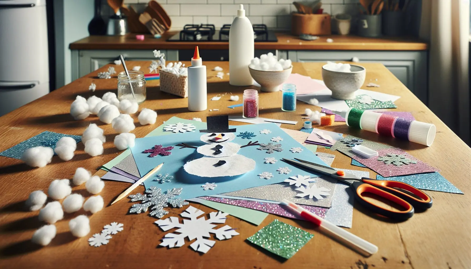 Generate an image of a collage project halfway completed, featuring paper snowmen and snowflakes with cotton balls glued.