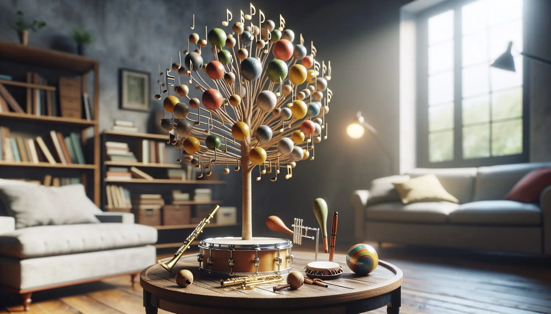 Generate an image of a tree with musical notes growing as leaves and instruments as fruits, symbolizing growth through music.