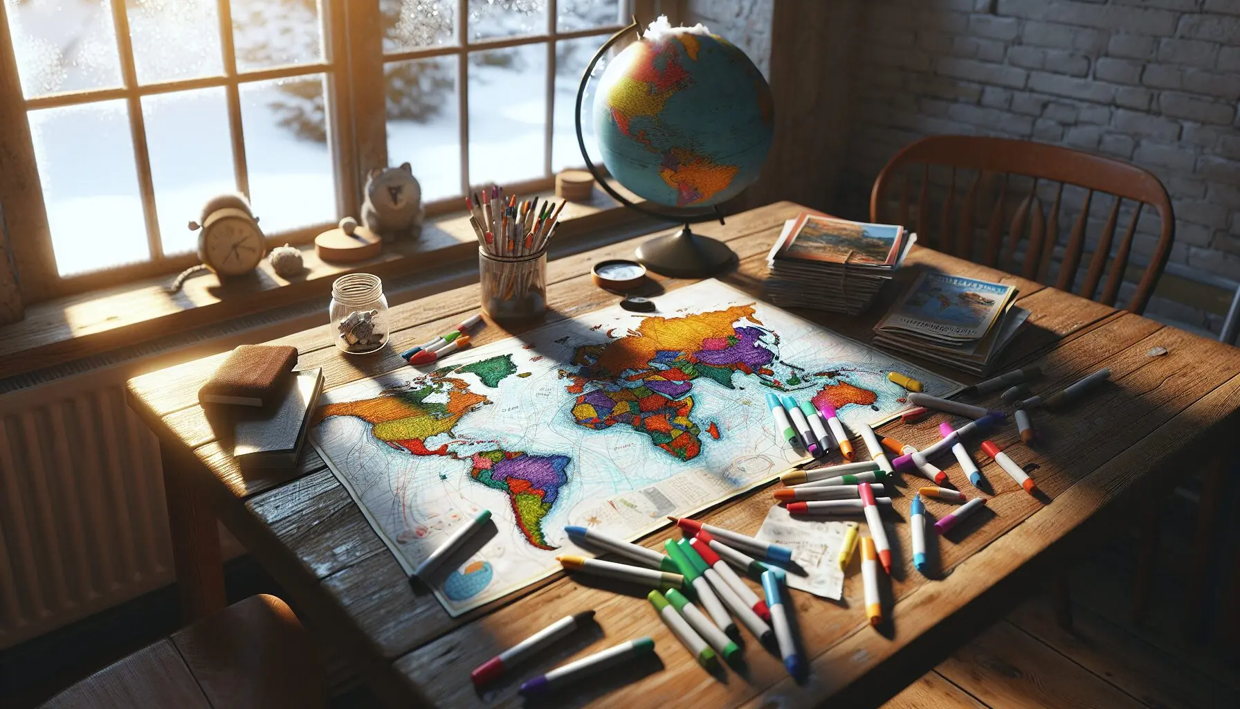 Generate an image of a child and parent sharing a moment over a handcrafted map, smiling and pointing at fun destinations.
