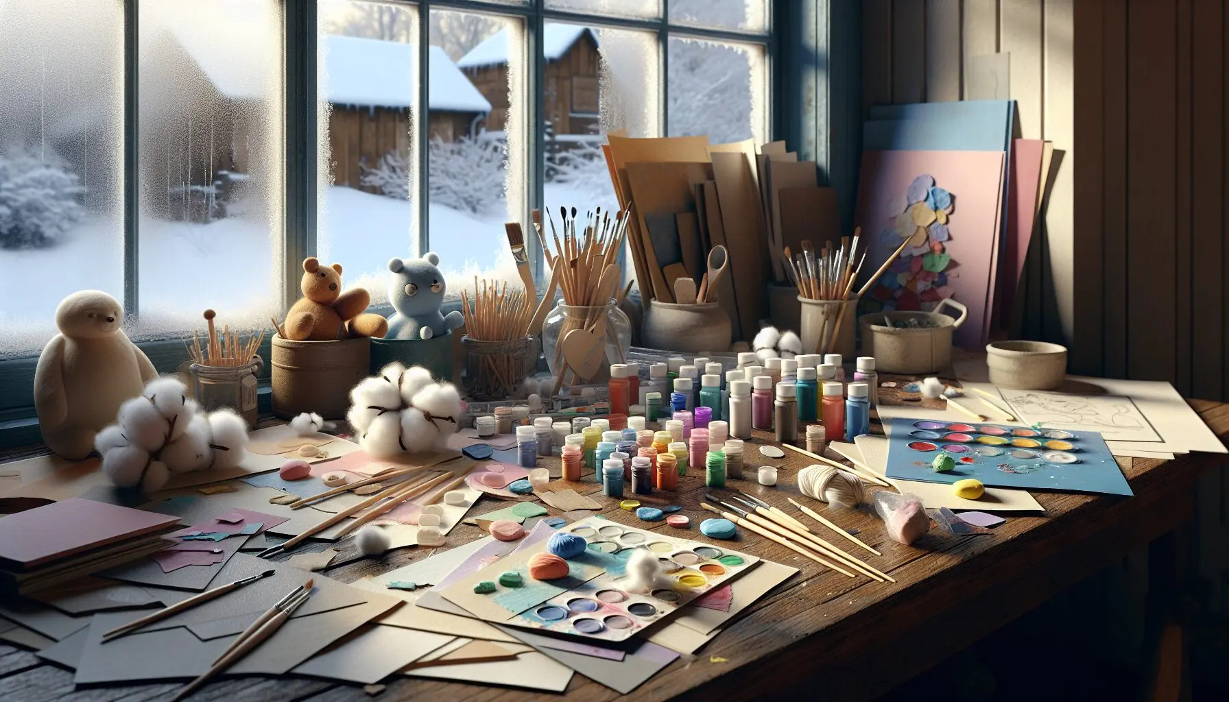 Generate an image of art supplies scattered on a table, including colorful papers and cotton balls, with a snowy outdoor scene in the background.