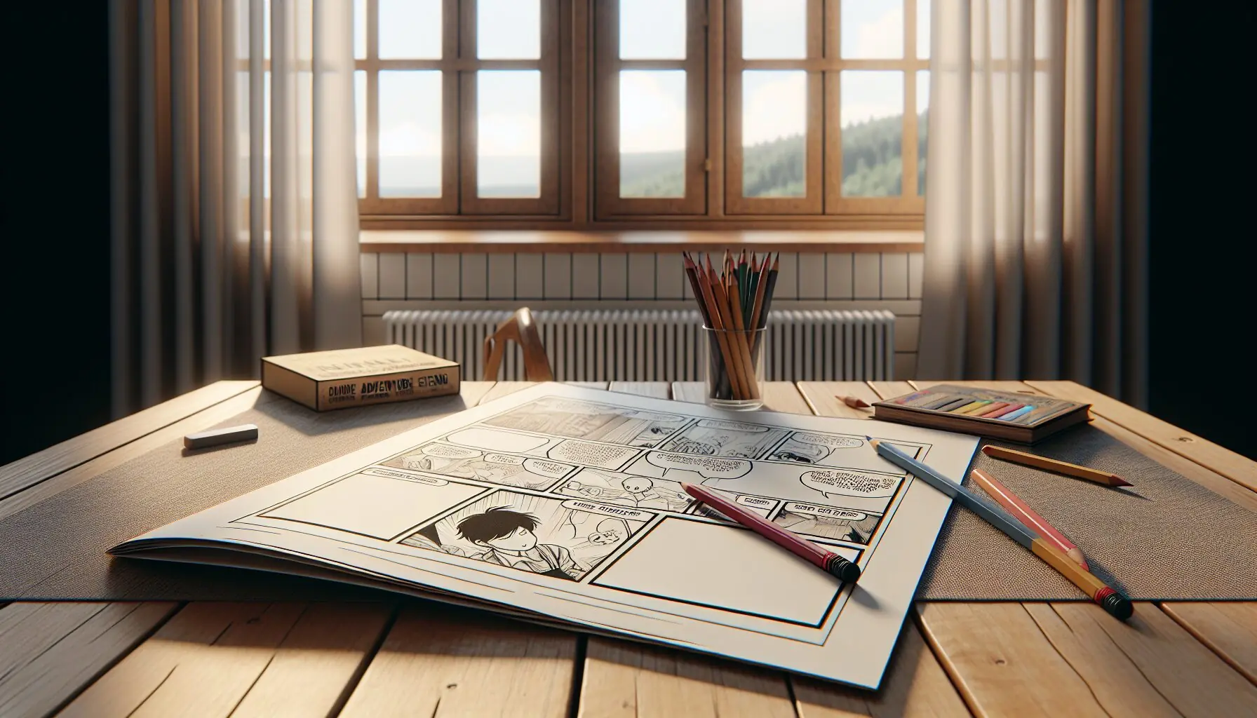 Illustrate a simple comic strip page with action lines, inviting children to add their heroic adventure.