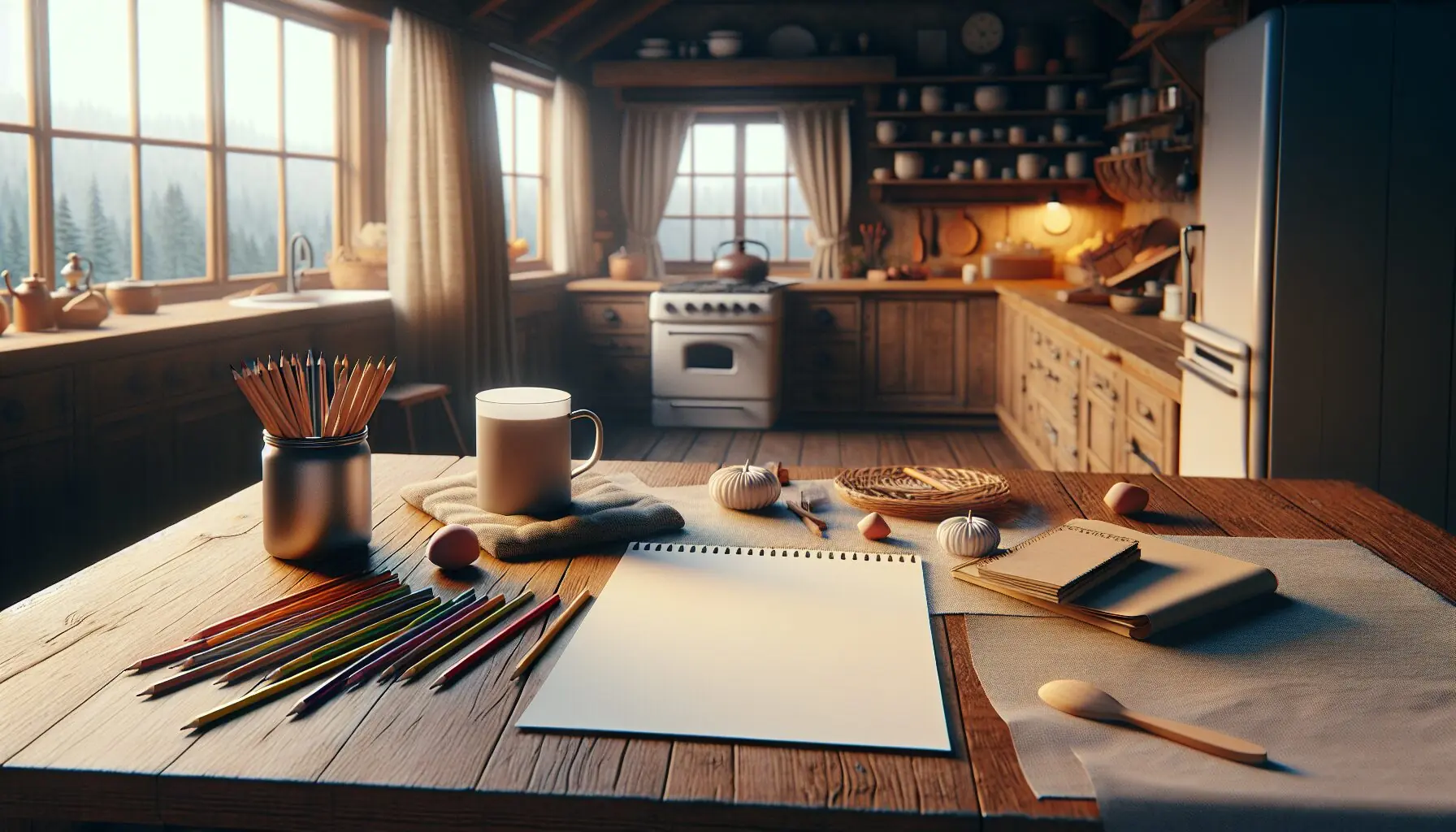 Create an image of a cozy table set with blank paper and colorful markers, ready for storytelling.