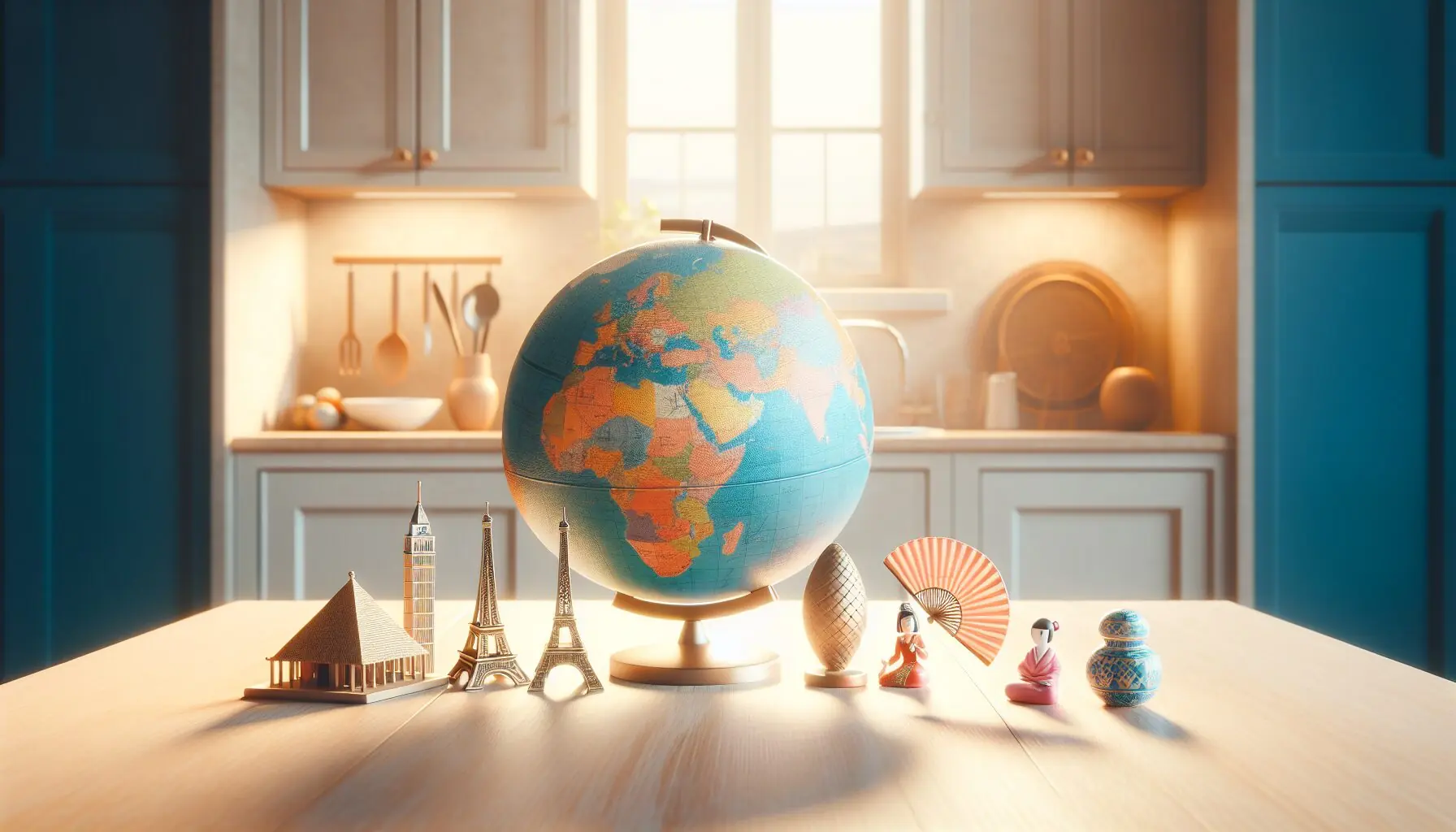 Generate an image showing a child with a globe surrounded by icons of different cultures.
