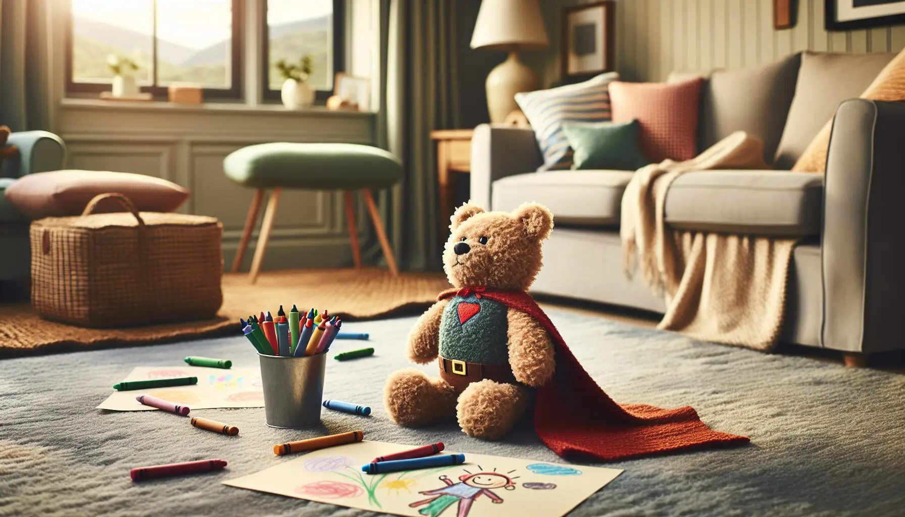 Design an image of a plush toy superhero with a handmade cape, ready for imaginative play.