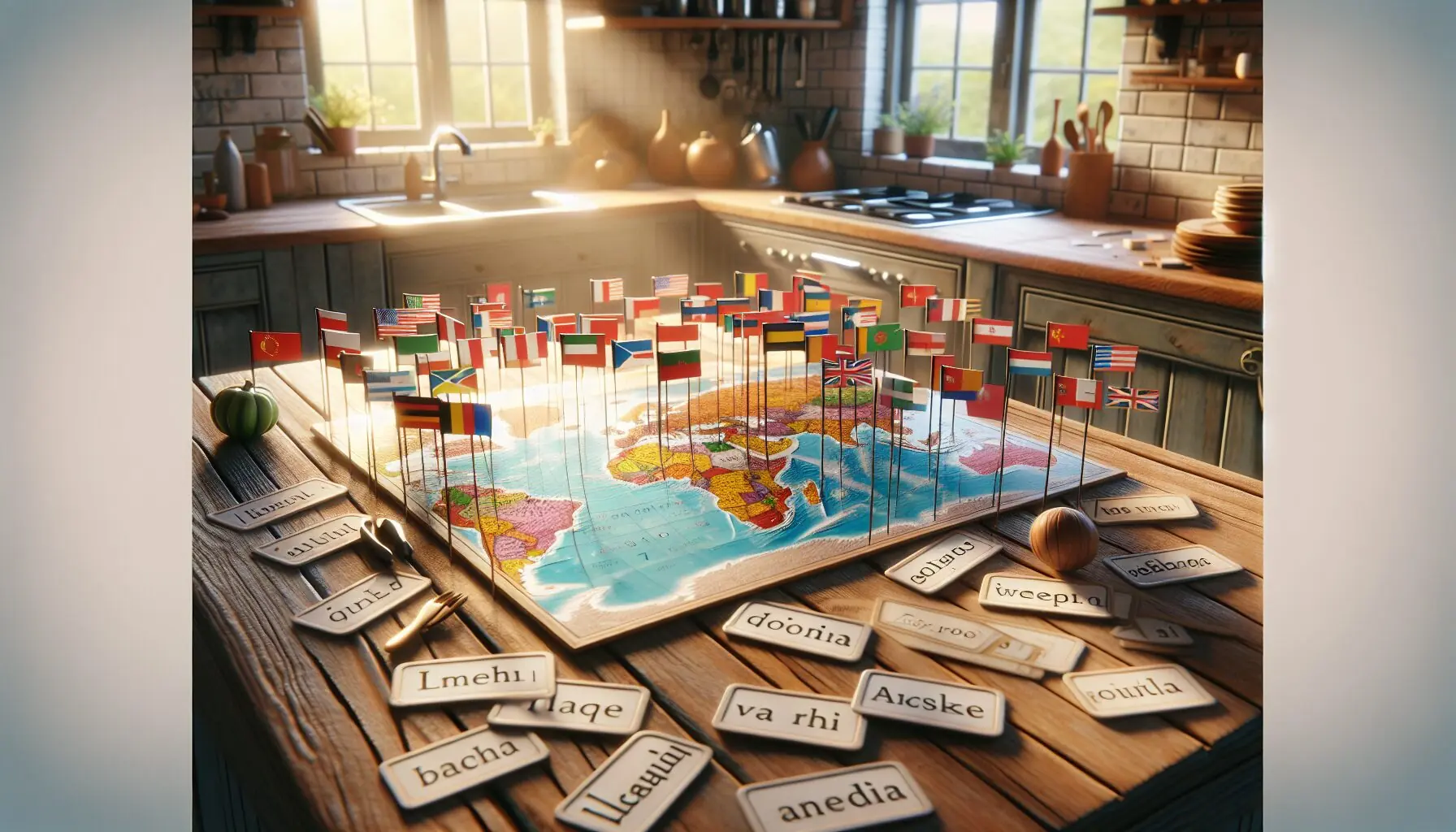 Generate an image of a colorful world map with pins indicating various countries.