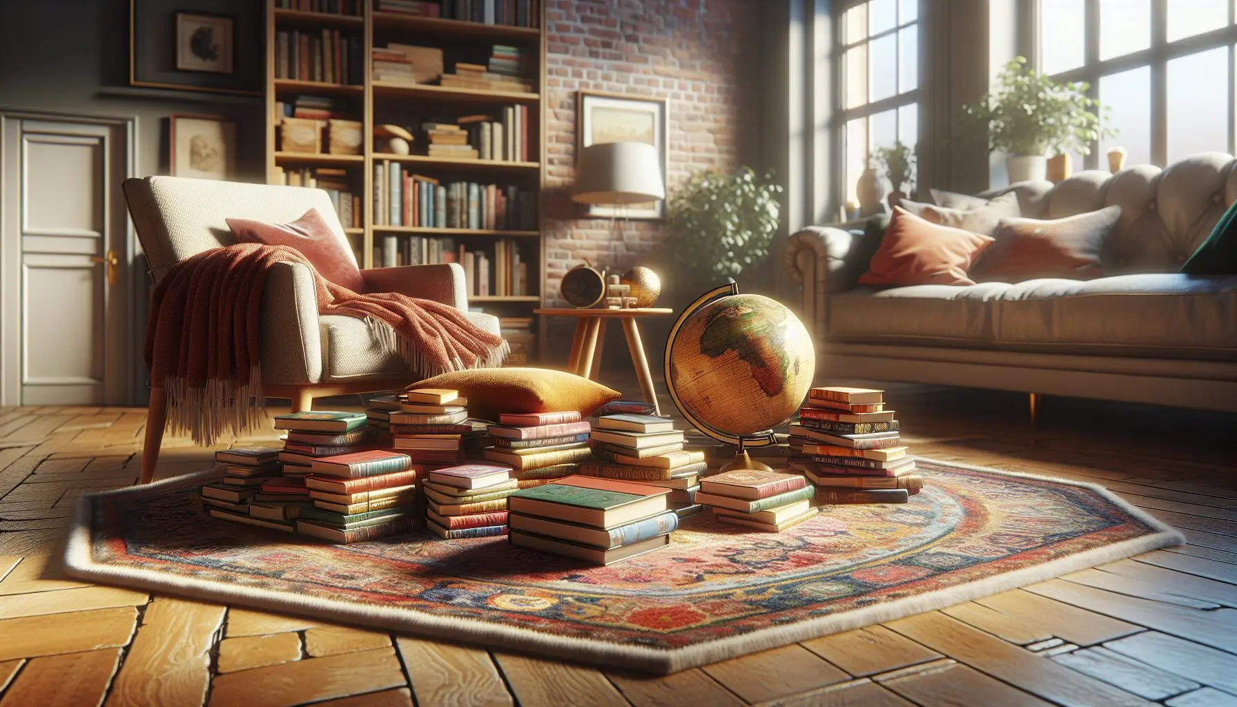 Create an image showing a cozy reading corner with a stack of colorful cultural storybooks, a small globe, and comfy cushions.