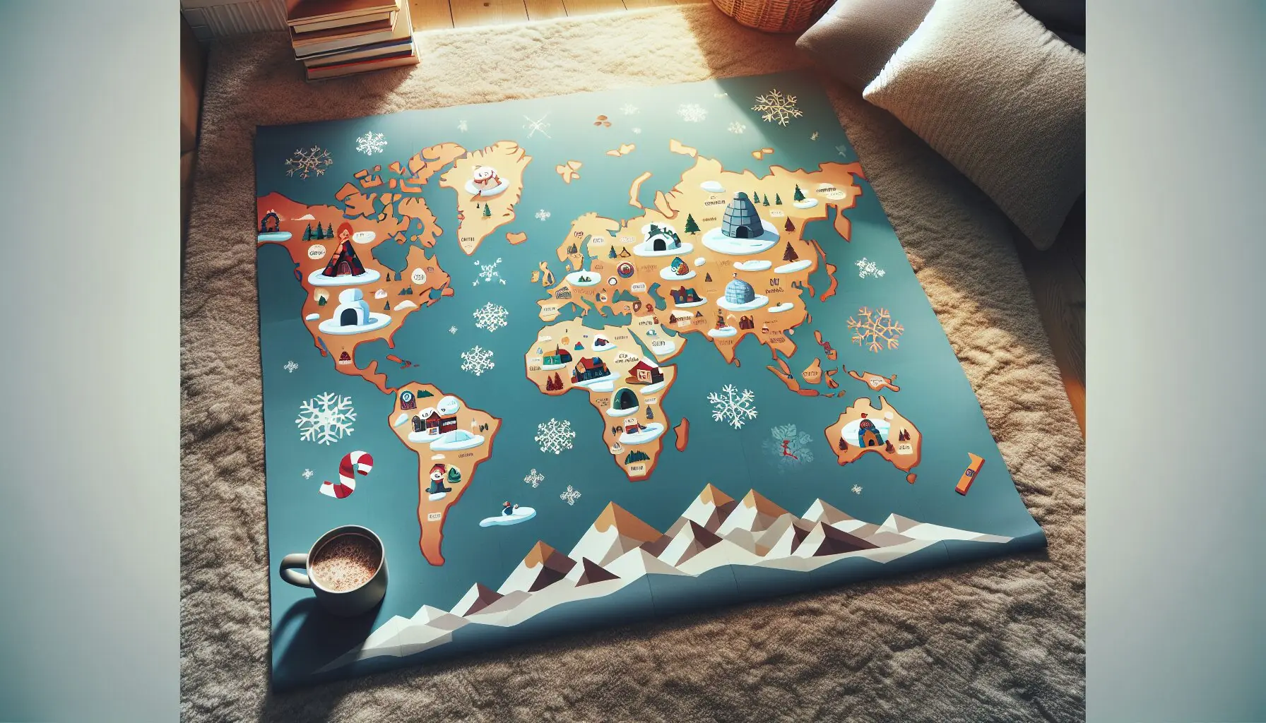 Generate an image of a world map showing different winter destinations using icons like snowflakes and igloos.