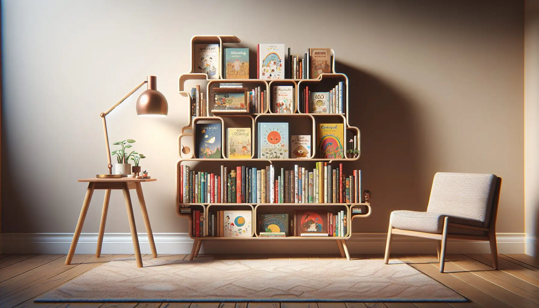 Generate an image of a whimsical bookshelf with diverse cultural books neatly lined up.