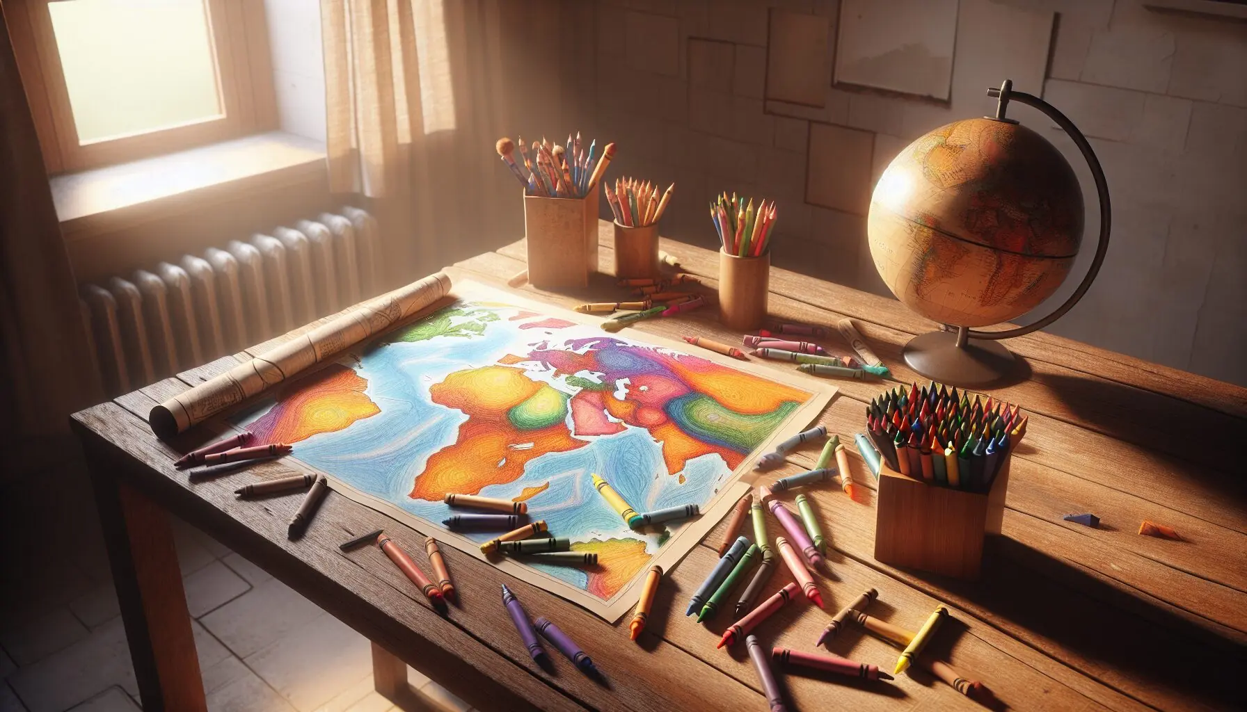 Illustrate an image with a child’s drawing inspired by a cultural story, set on a table with crayons and a world map.