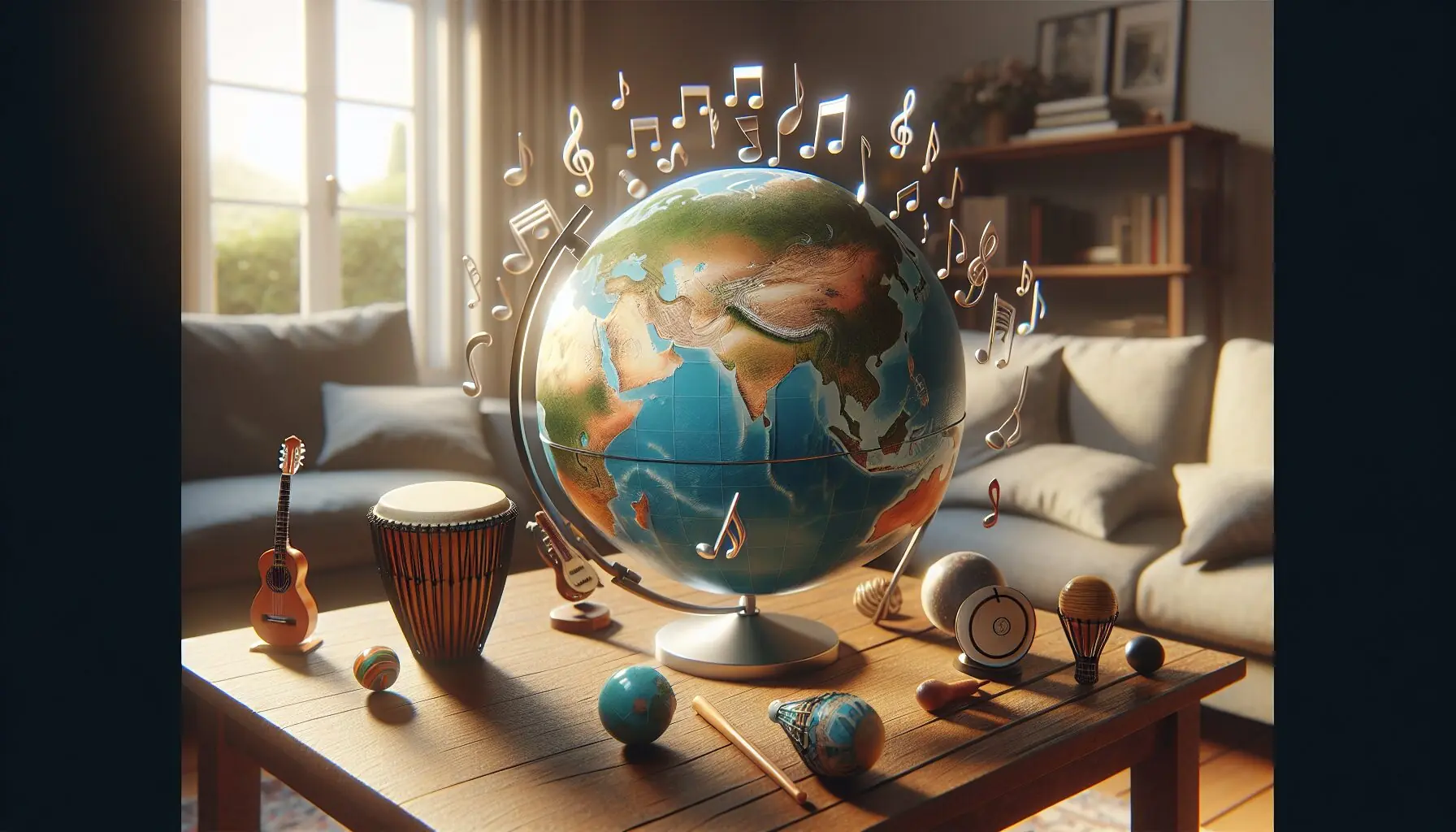 Generate an image of a globe surrounded by musical notes and diverse instrument icons.