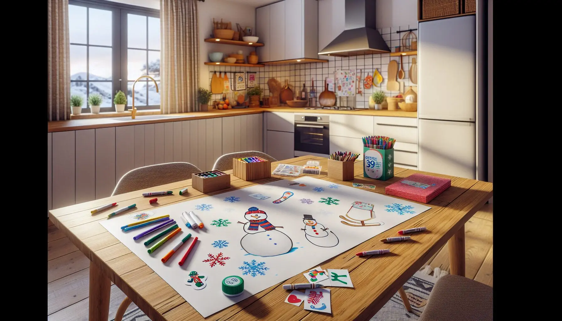 Generate an image of a cozy indoor activity space with a child-friendly map setup, including markers and winter-themed stickers.