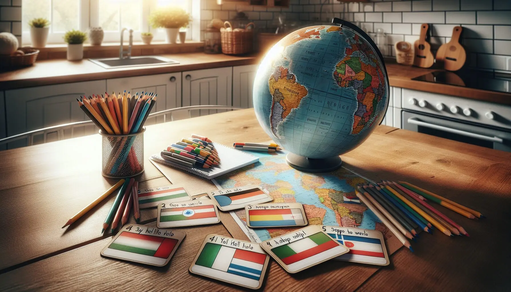 Generate an image of index cards decorated with flags and words in different languages.