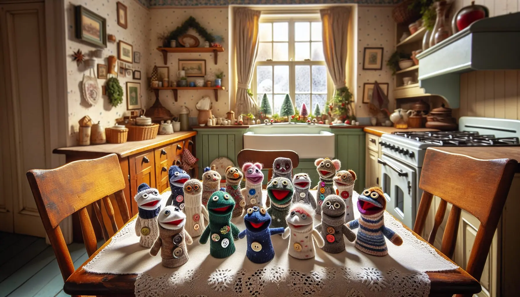 Generate an image of whimsical sock puppets with funny faces placed on a table with winter-themed decorations.