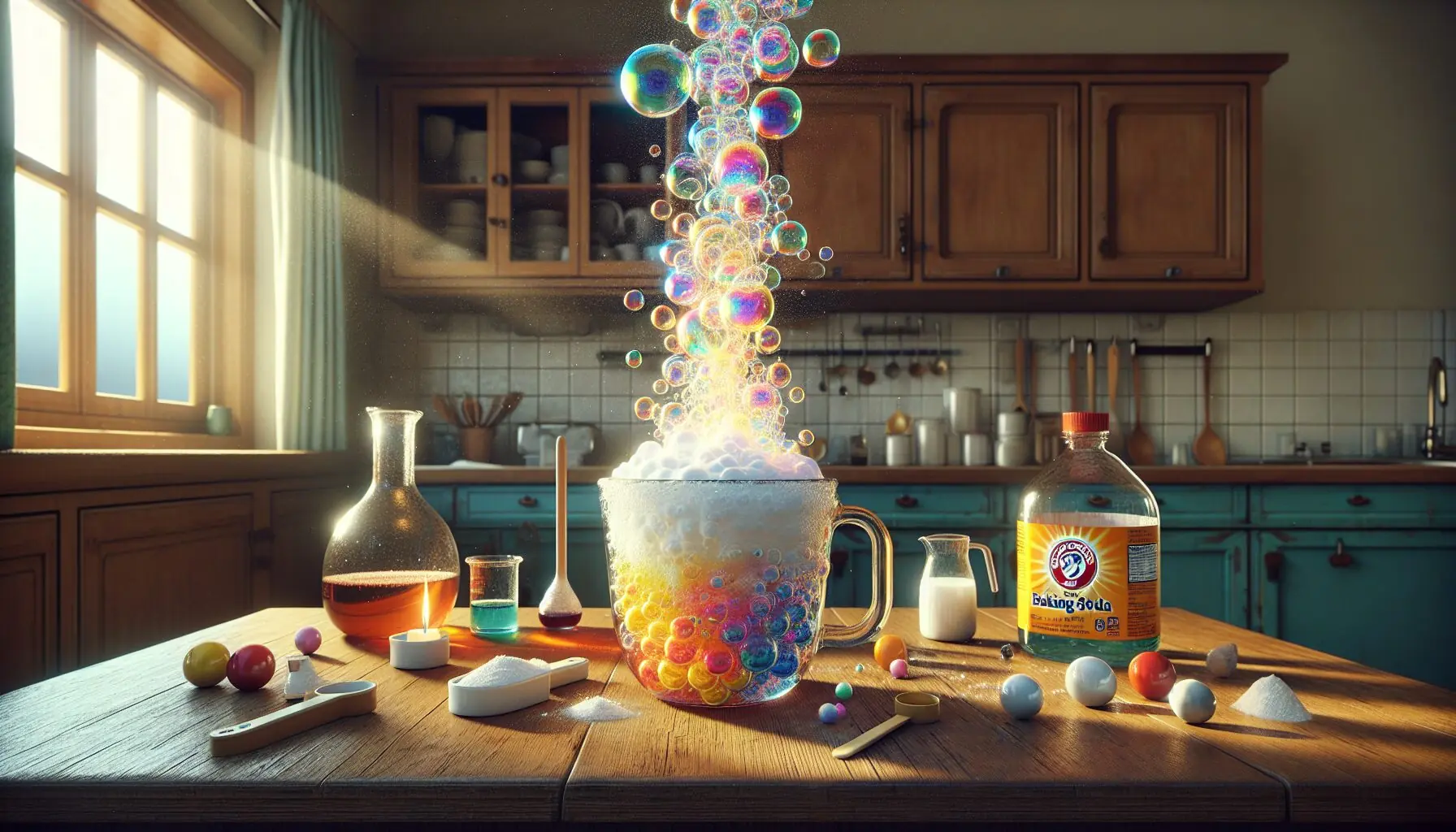 Generate an image showing vinegar pouring into a cup of baking soda with bright color splashes.