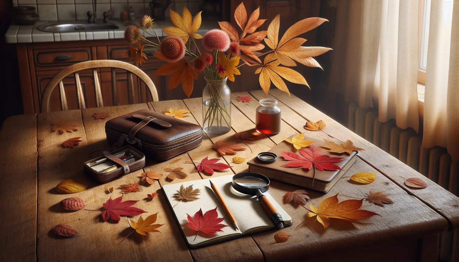 Generate an image of a parent and child smiling with a backdrop of colorful autumn leaves.