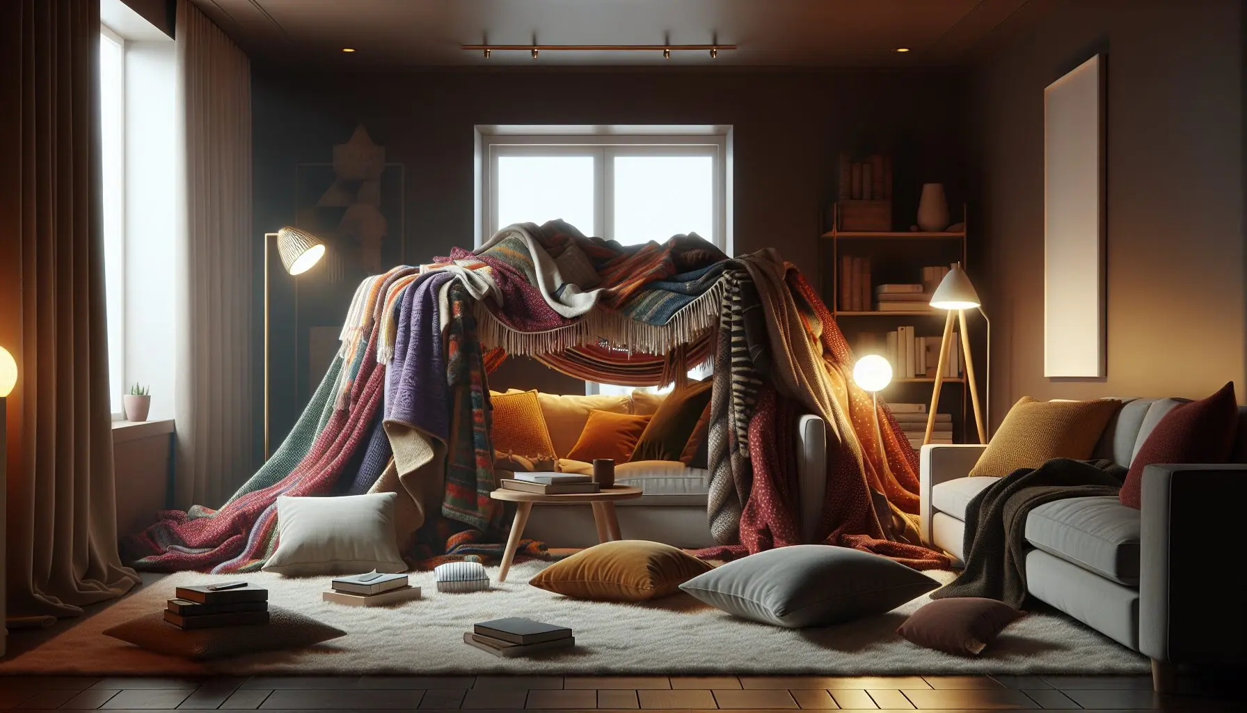 Generate an image of a cozy room with blankets and pillows arranged in a whimsical fort-like structure.