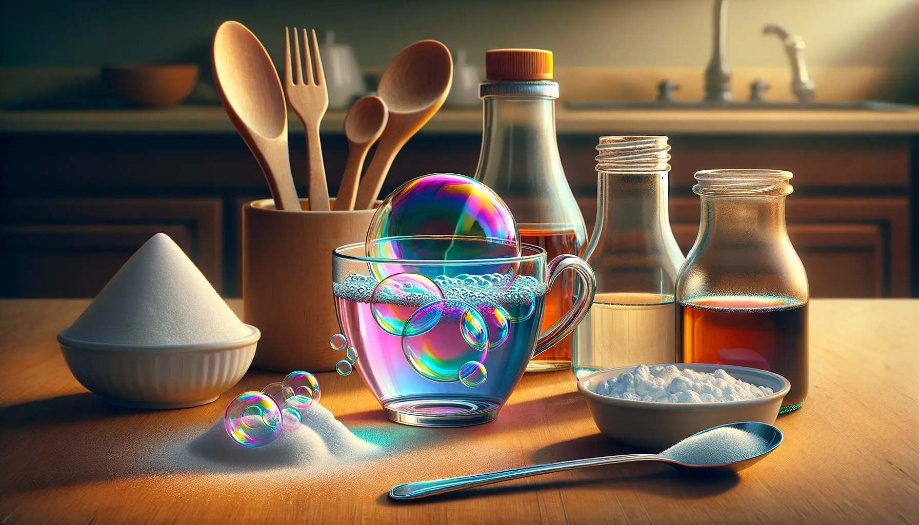 Generate an image of a child using a spoon to mix colorful bubbles in a cup.