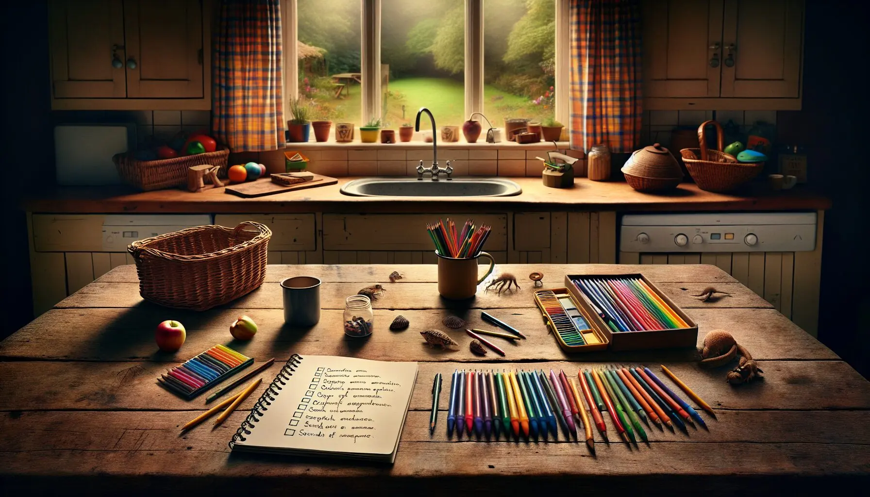 Generate an image of a child with headphones, holding a notebook and a pen amidst a forest.