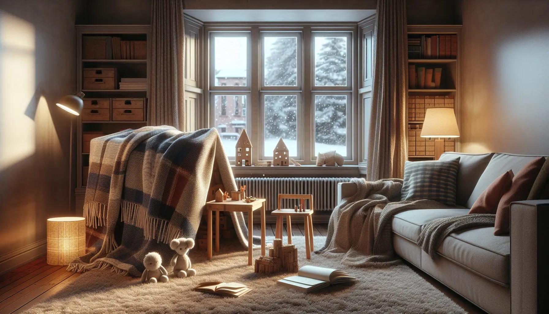 Generate an image of a cozy living room with a blanket fort next to a window with snow gently falling outside.