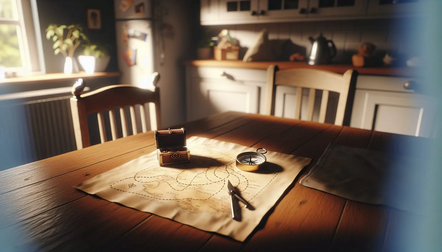 Generate an image of a hand-drawn treasure map with simple pathways, a cartoonish compass, and a toy treasure chest at the corner.