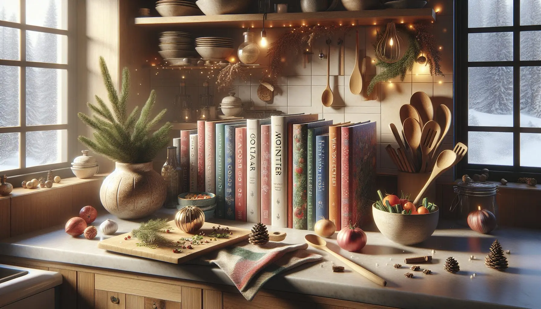 Generate an image of cozy kitchen space with winter decorations and cultural cookbooks on the counter.