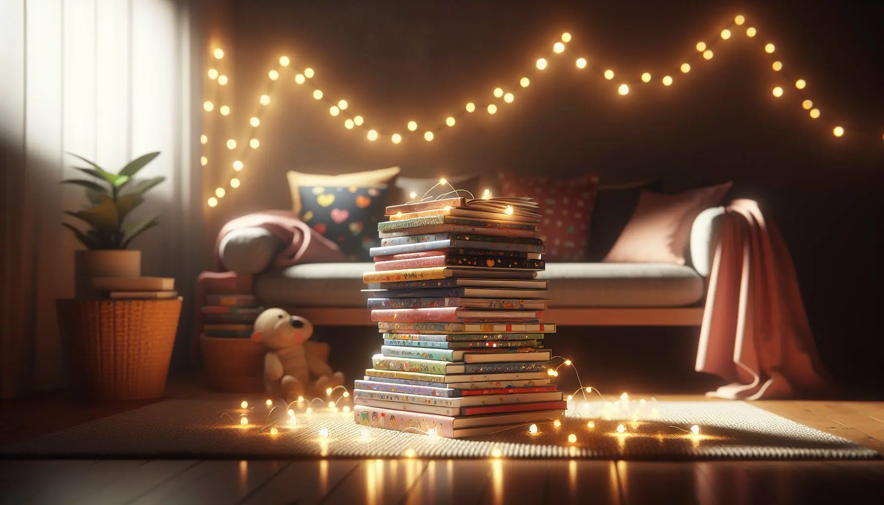 Depict a stack of children's storybooks with soft lighting from a string of fairy lights creating a warm ambiance.