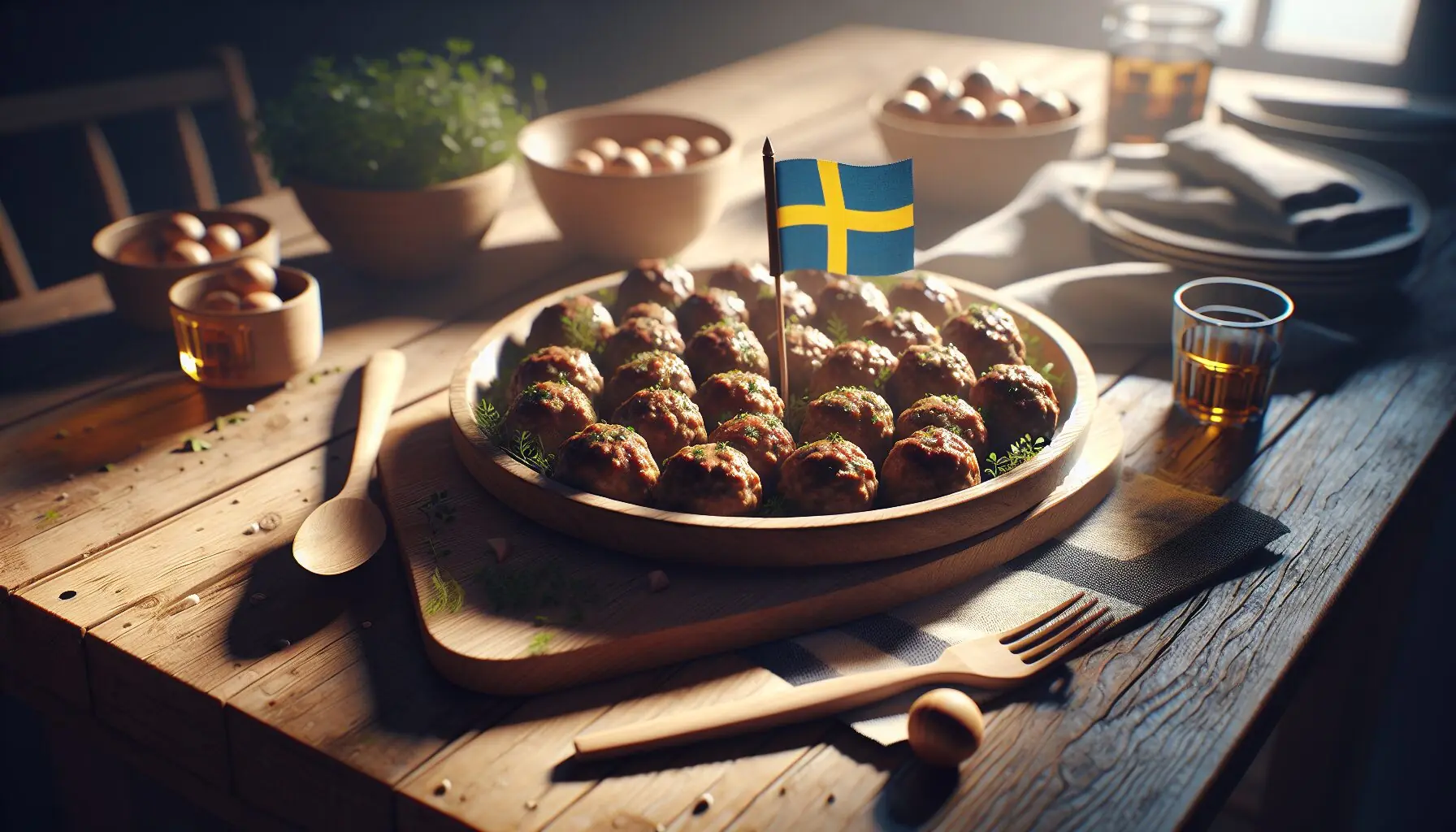 Generate an image of a serving platter of Swedish Meatballs garnished with herbs, with a miniature Swedish flag on top.