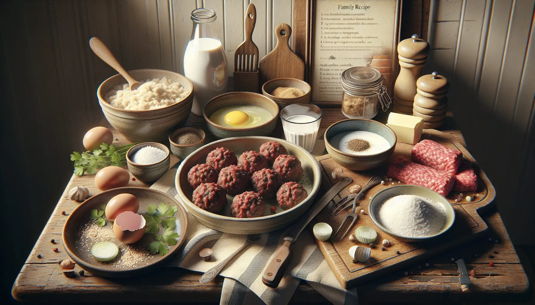 Generate an image of ingredients used for making Swedish Meatballs displayed on a rustic wooden countertop.