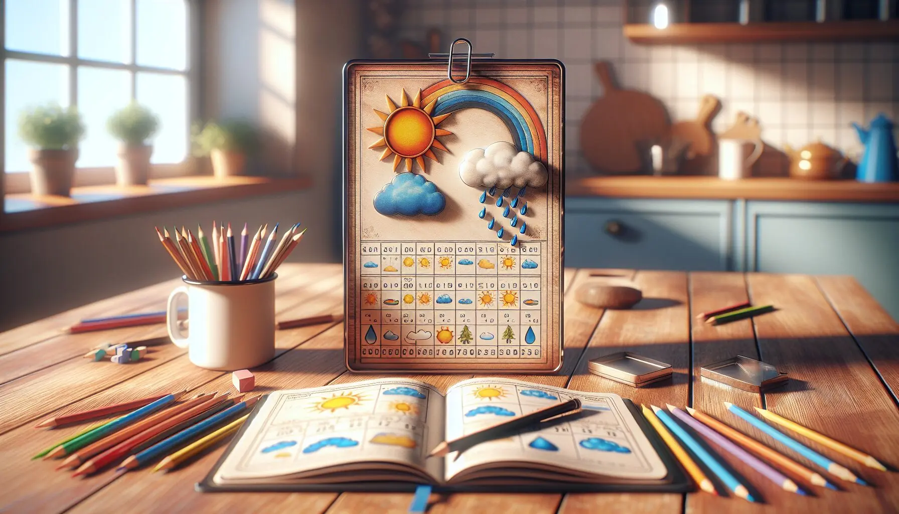 Generate an image of a child's smiling face next to a colorful weather chart, emphasizing their enthusiasm for learning.