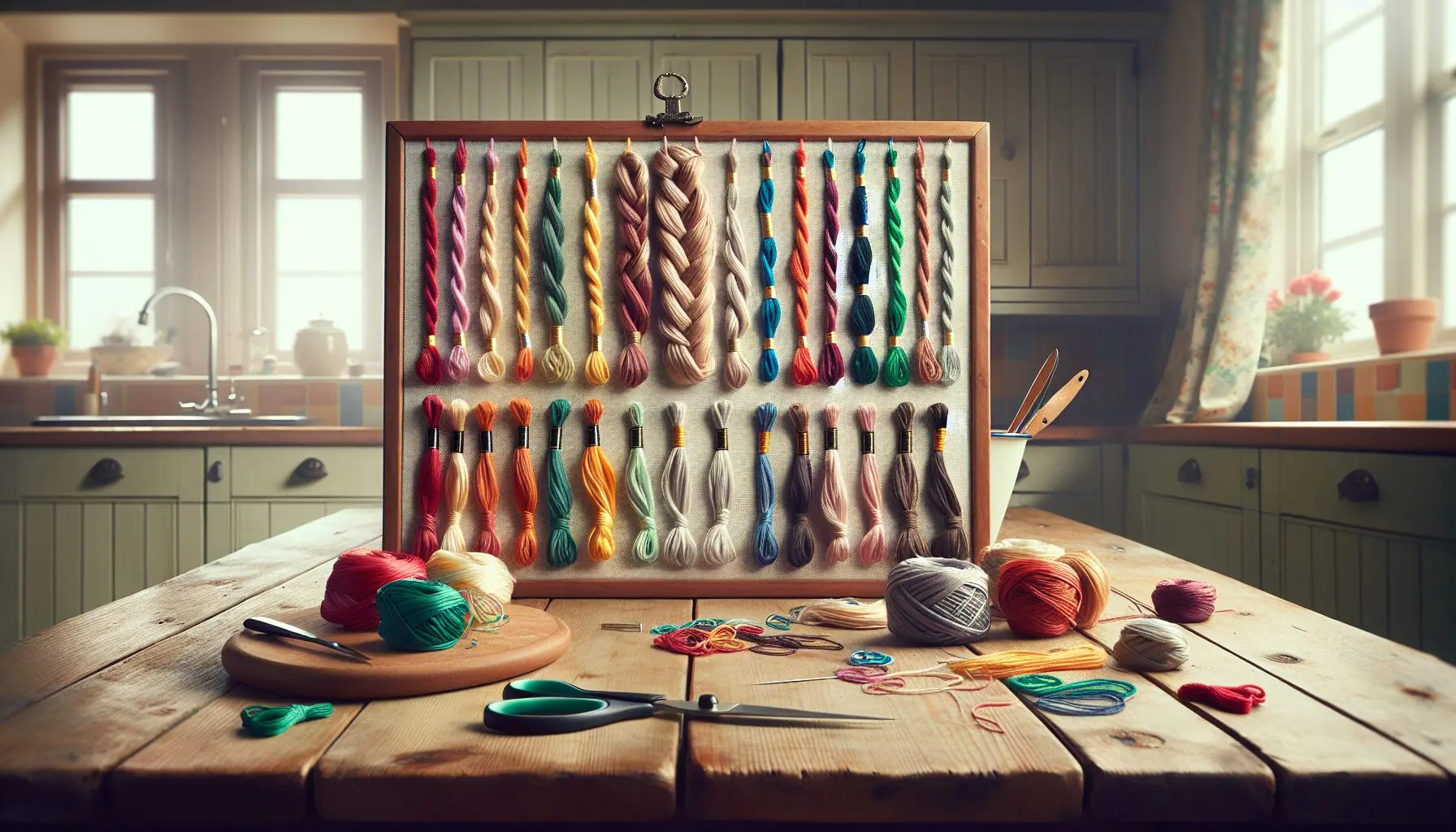 Generate an image of threads taped on a table, forming a braid.