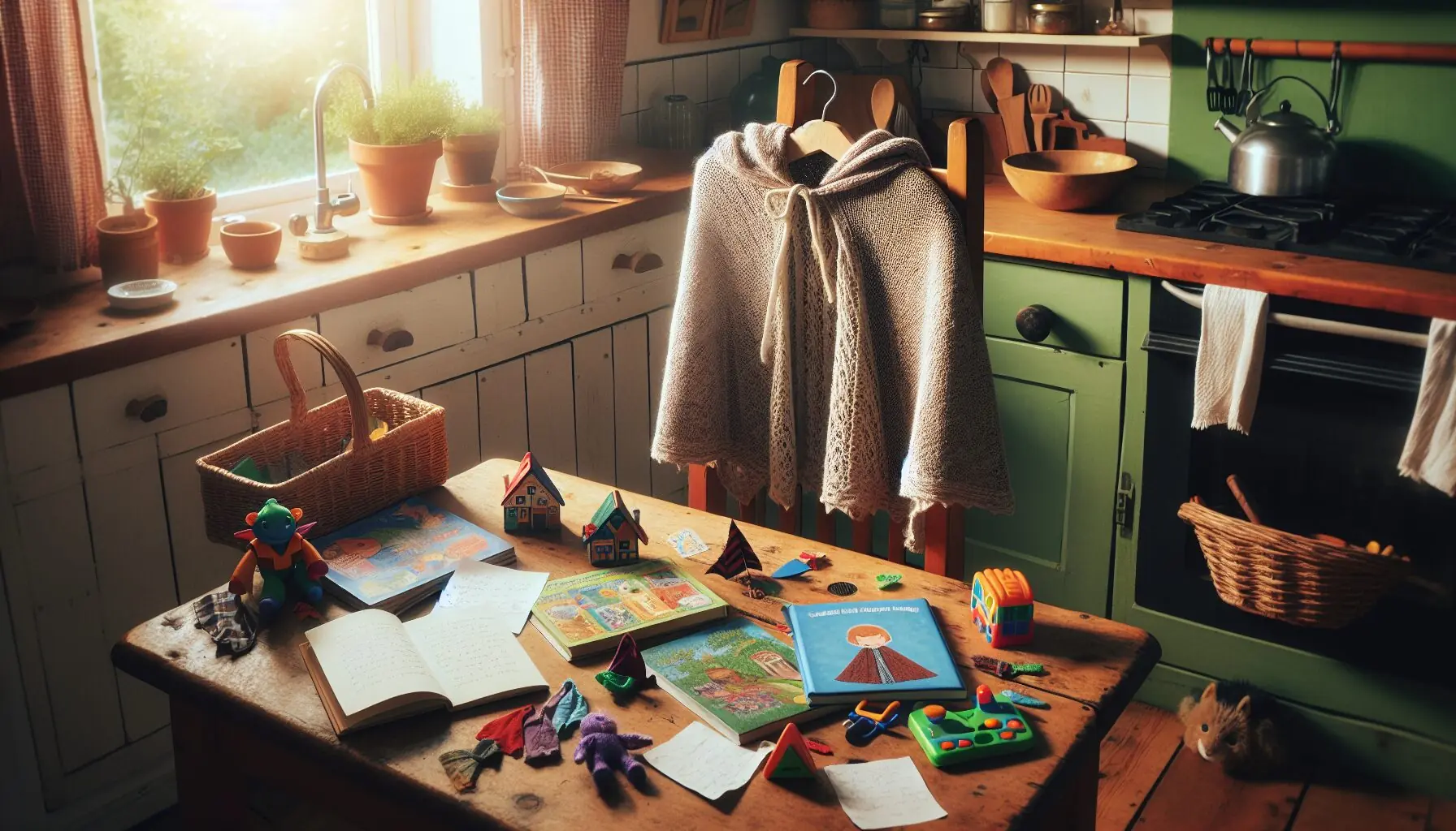 Generate an image of a child-sized toy cape hung up, with storybooks and friendly notes.