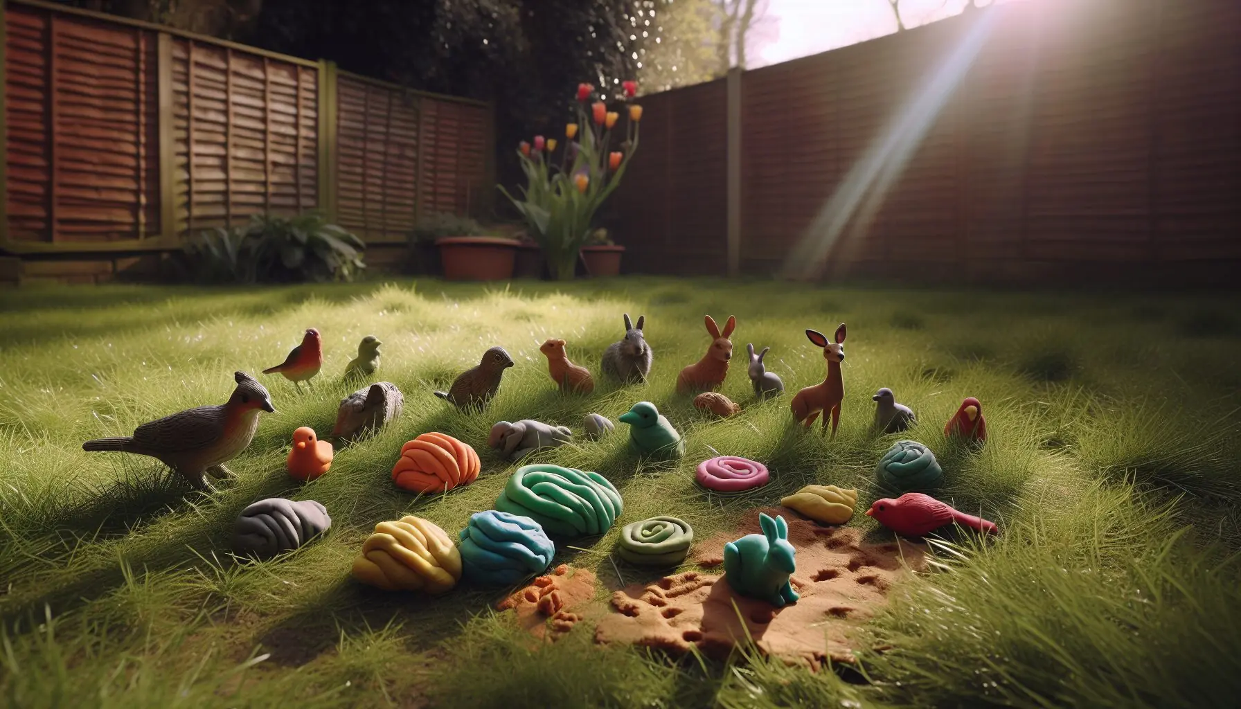 Generate an image of a sunlit backyard with scattered play dough and animal figurines on the ground.