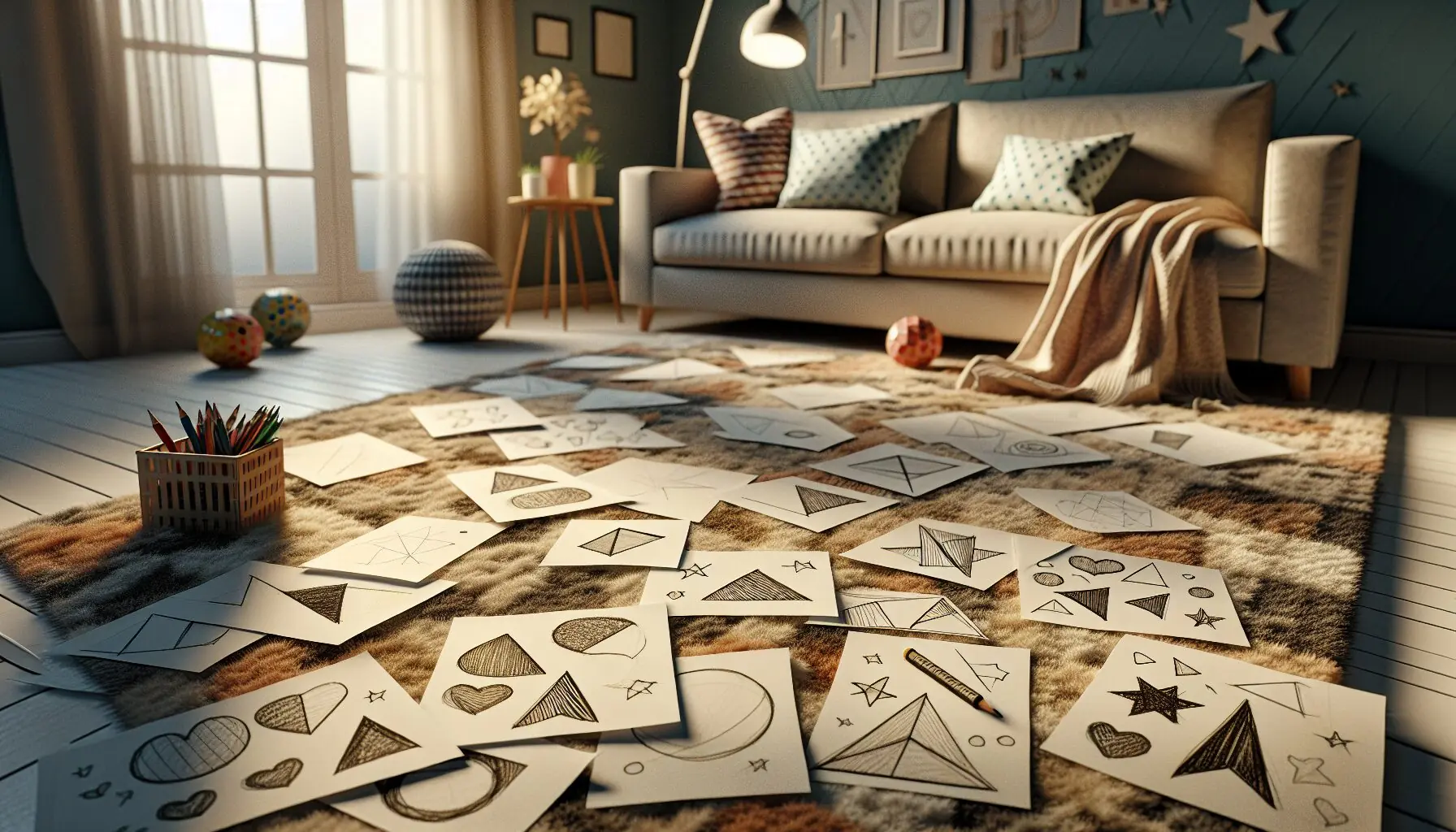 Generate an image of triumphant sketched shapes beside happy icons like stars or hearts.