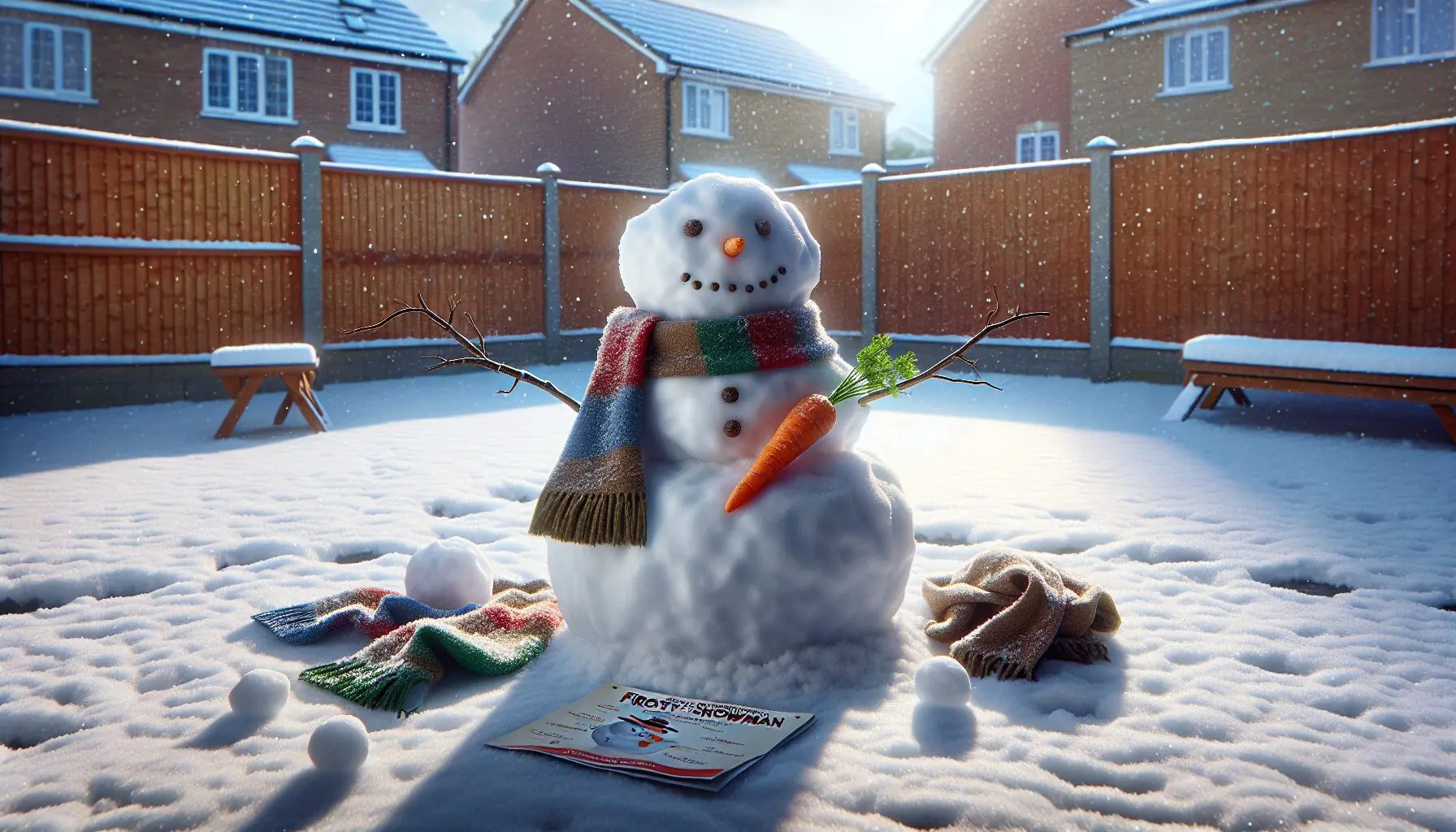 Generate an image of a partially built snowman with a scarf, carrot nose, and twig arms lying next to it.