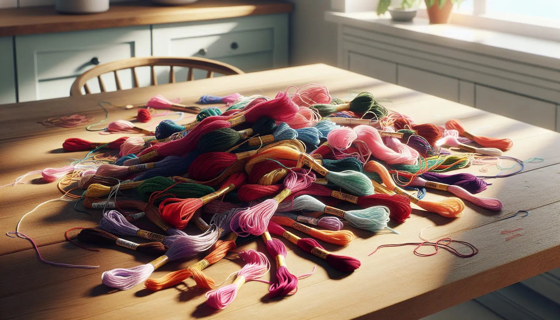 Generate an image of colorful embroidery floss on a wooden table.