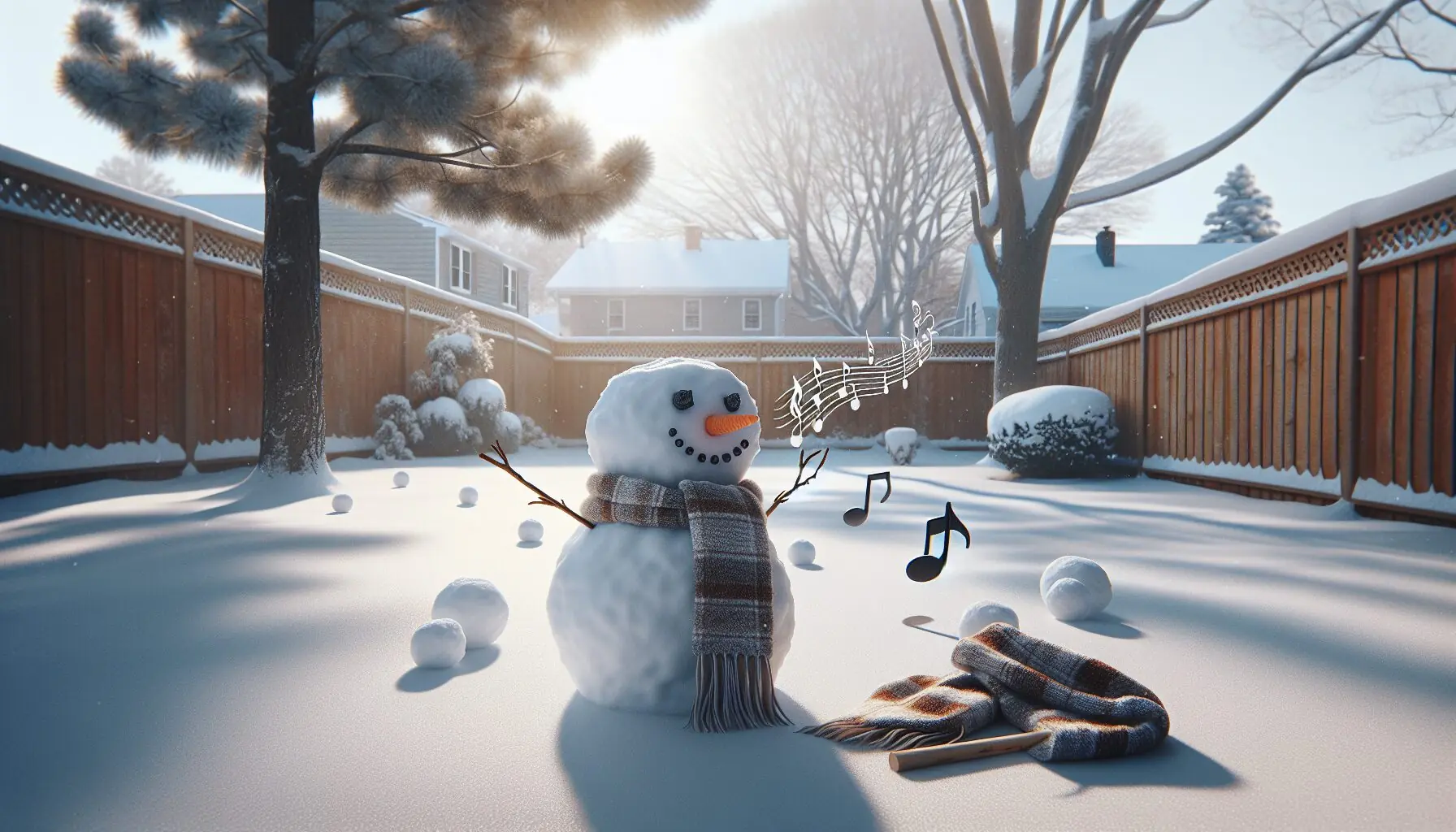Generate an image of a snow-covered yard with musical notes floating in the air.