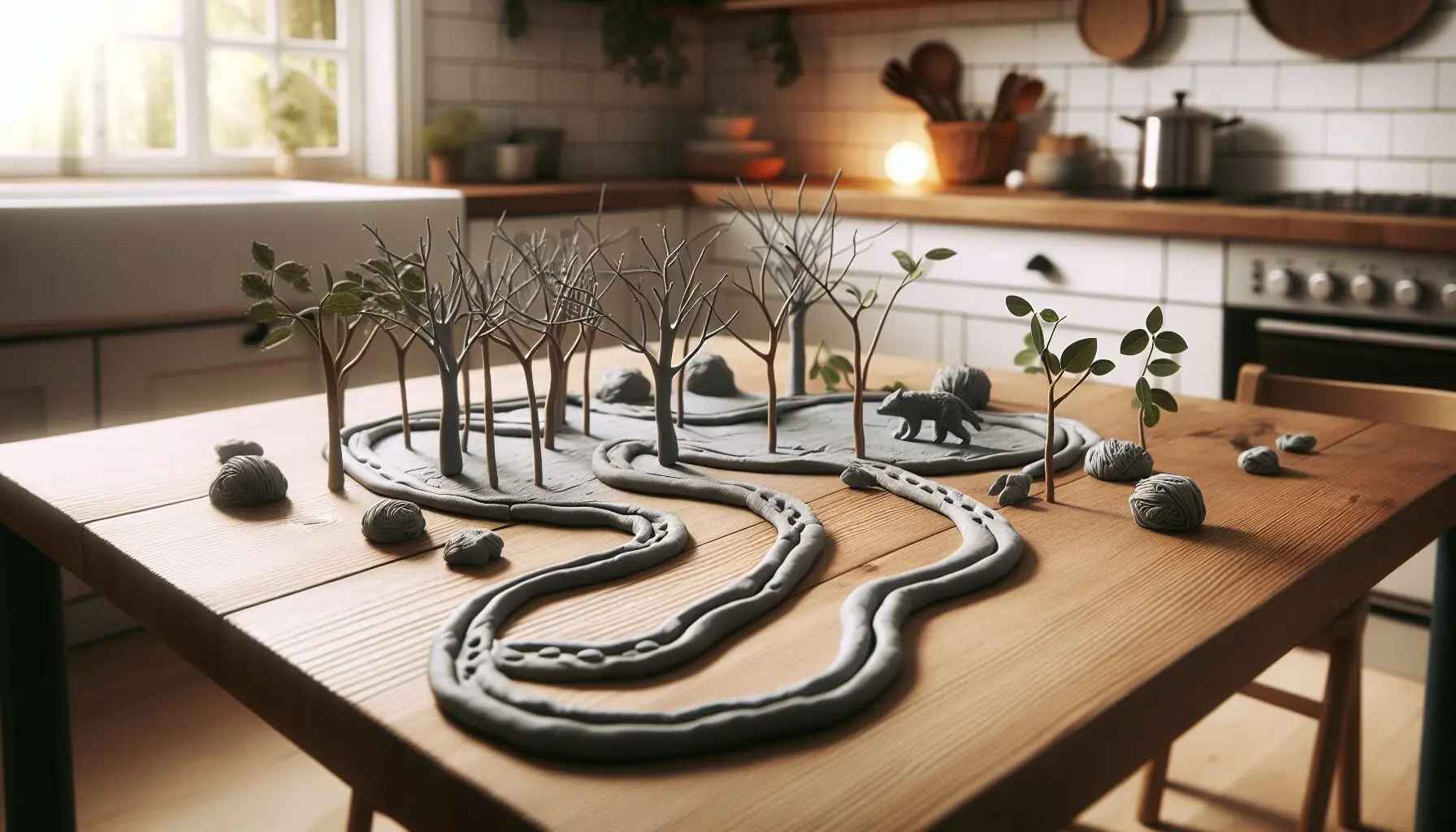 Illustrate an image of a variety of animal tracks leading into a miniature forest made from small twigs and leaves.