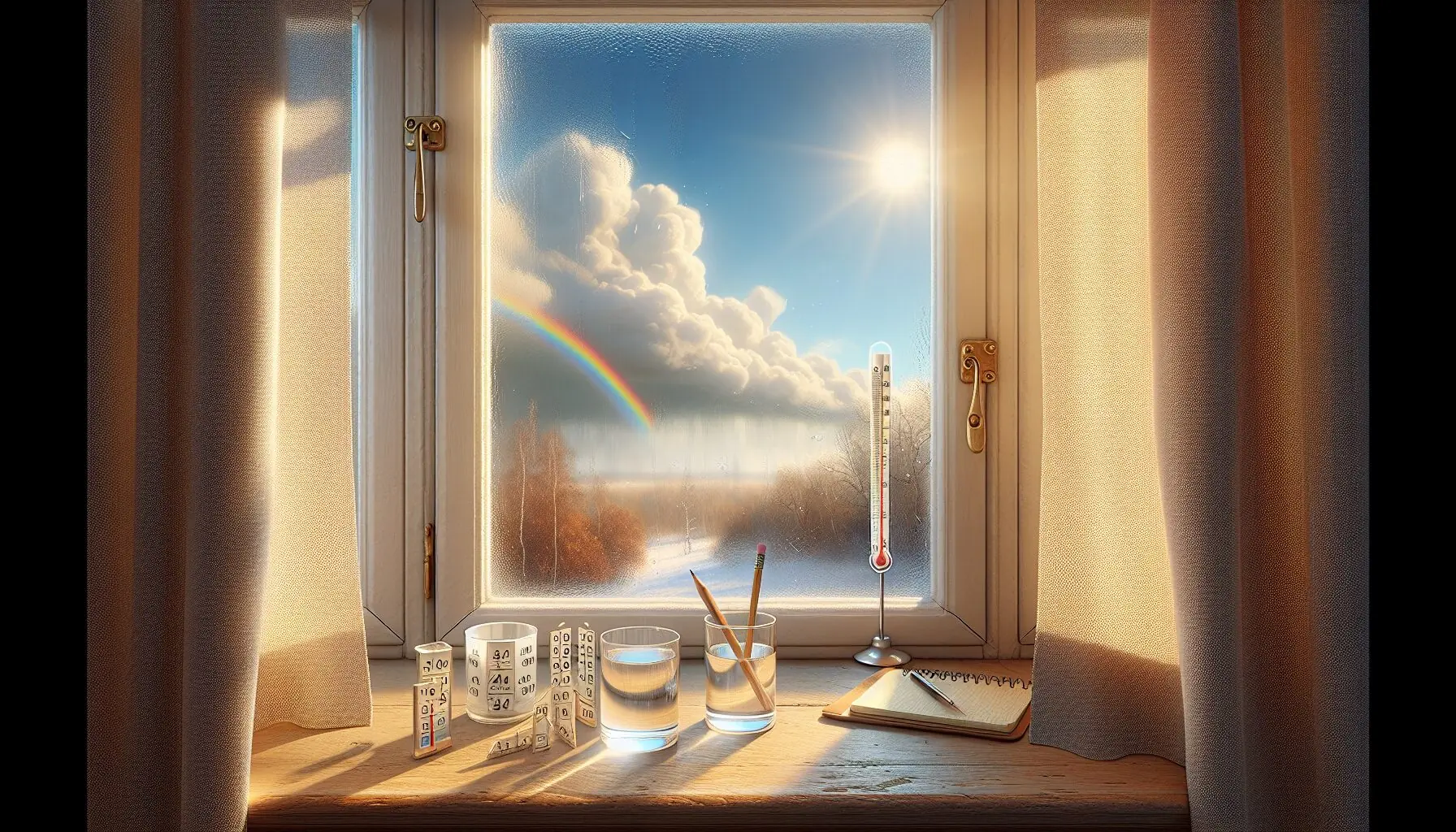 Generate an image of a child peeking out the window at a bright, diverse weather landscape—sun, clouds, and rainbows.